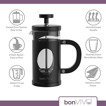 bonVIVO French Press Cafetiere 350ml Stainless Steel Black