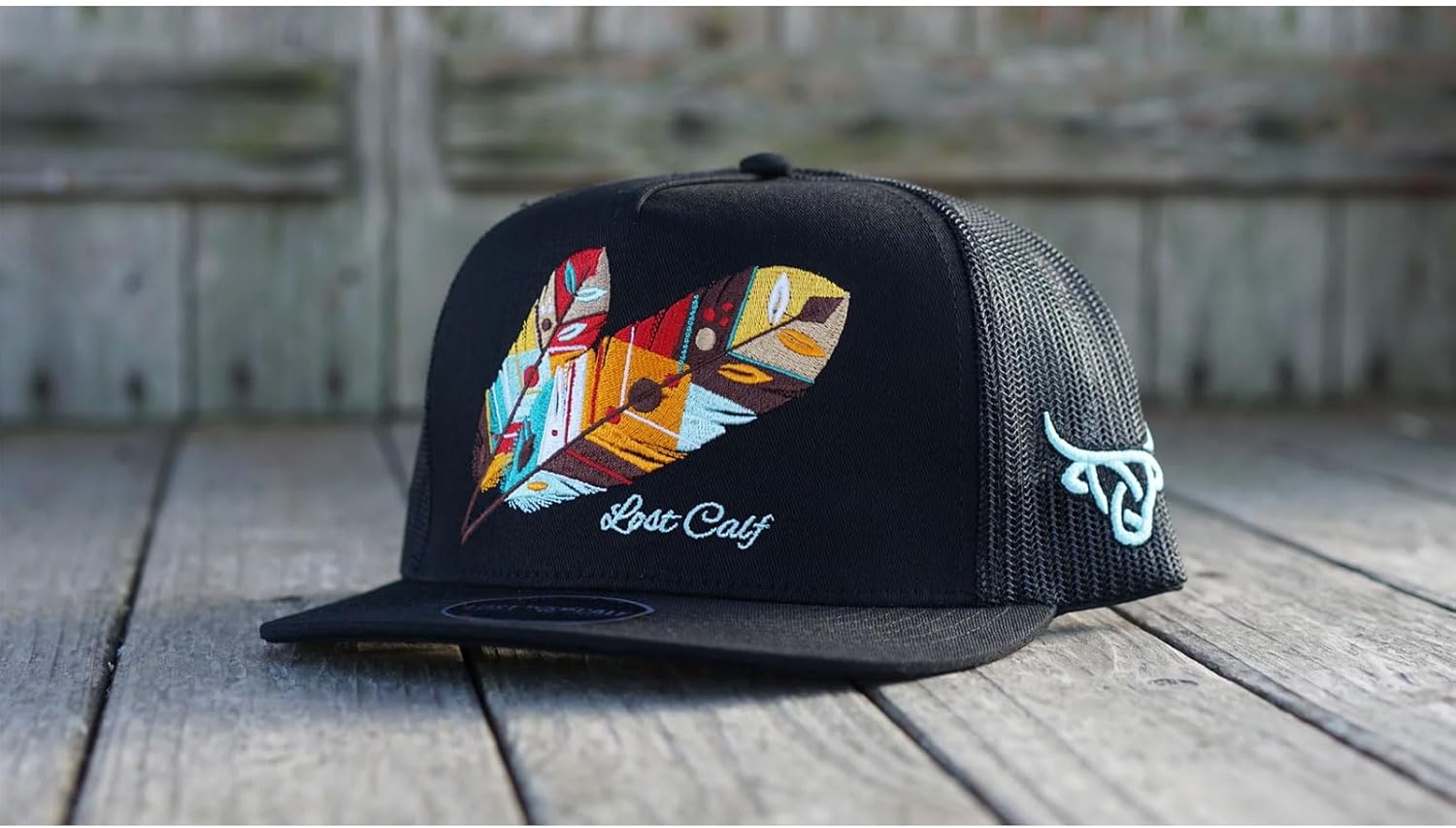 Lost Calf Feather Black Flat Trucker Cap - Image 2