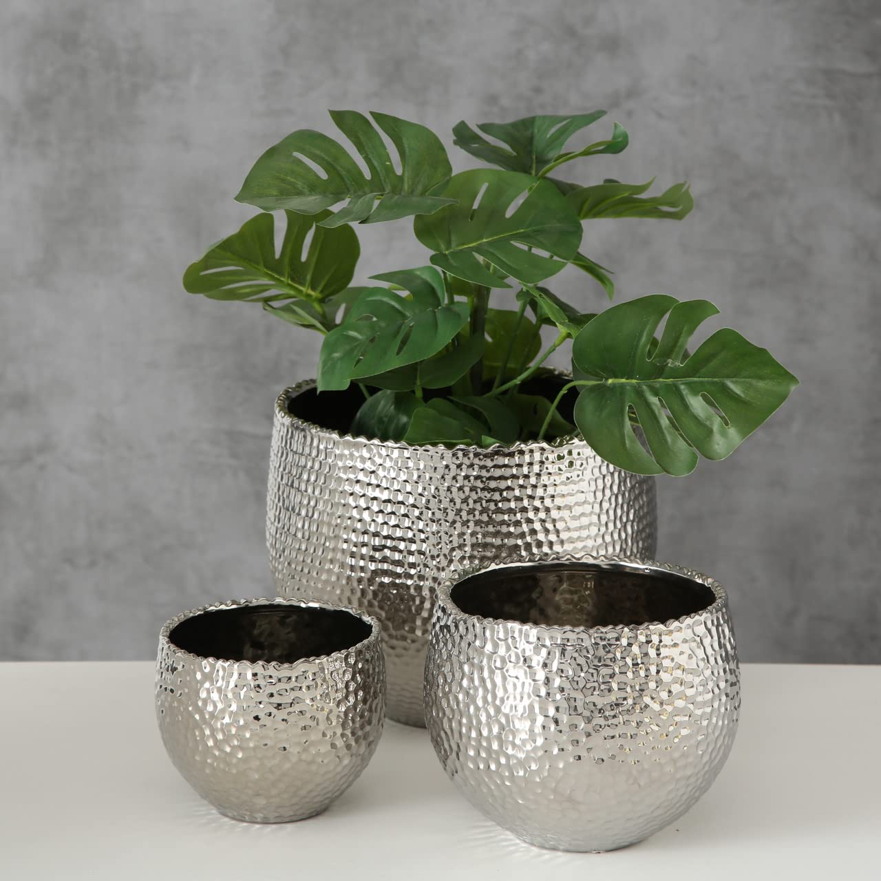 Boltze Pflanztopf Lajos 3-teilig (Blumentopf-Set, edles Design, ø 24 cm/ 13 cm/ 17 cm, Übertopf für Zimmerpflanzen) 5339700, Silber