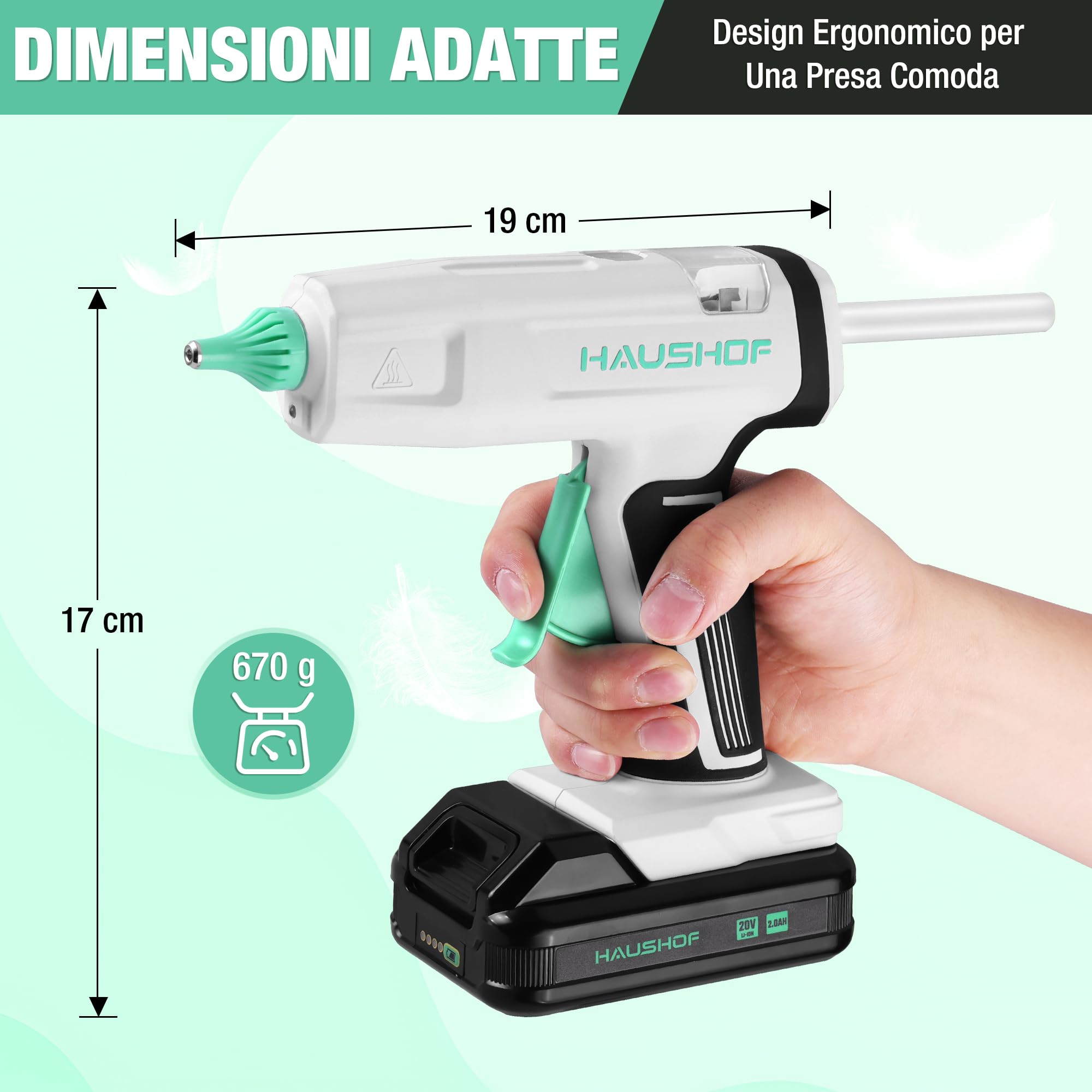 HAUSHOF Pistola per Colla a Caldo Senza Fili da 20V con Batteria e Caricatore, 20 Stick di Colla 11x150 mm, Spegnimento Automatico e Riscaldamento Rapido per Fai da Te, Artigianato