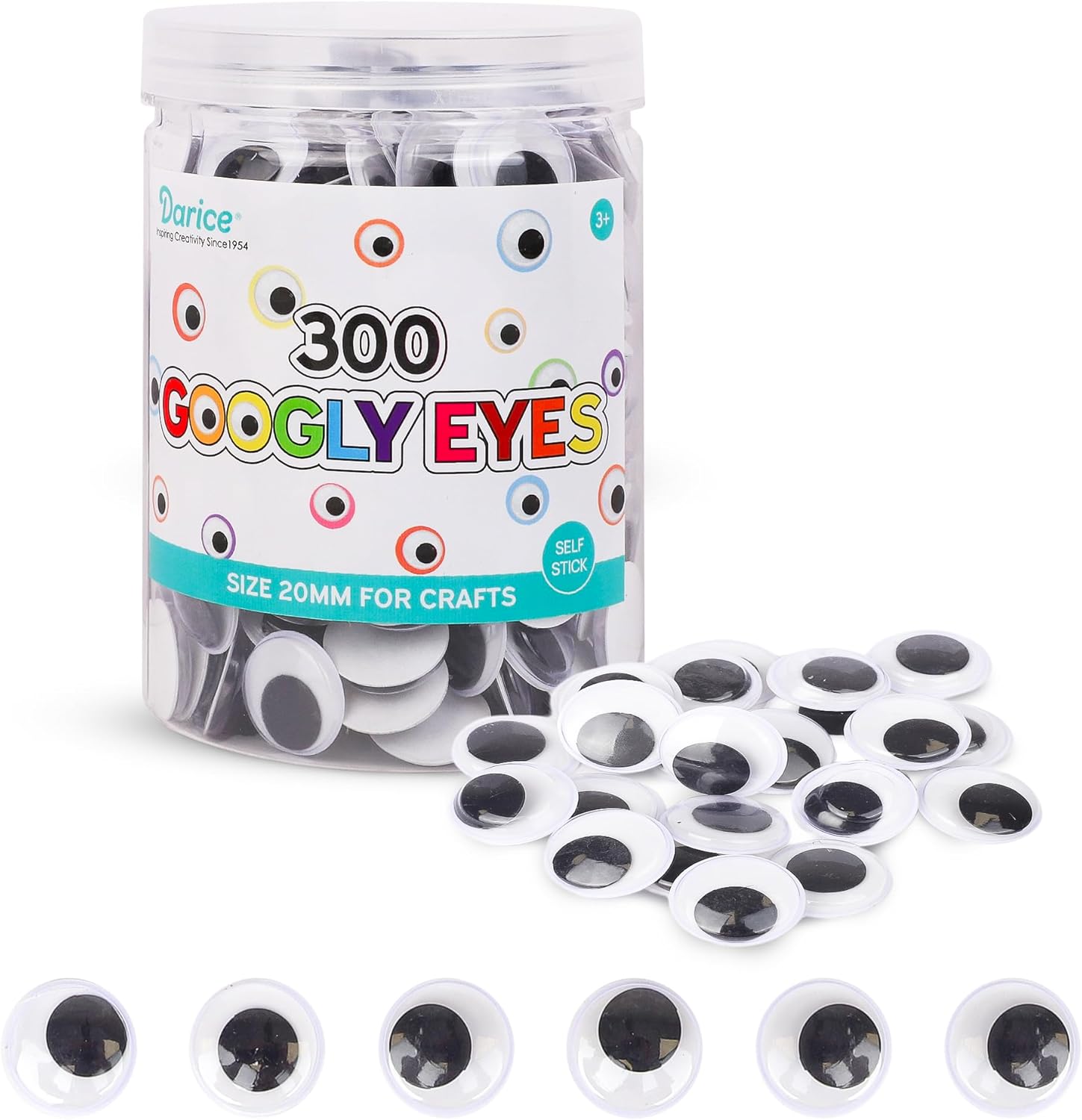 Darice Wiggle Googly Eyes, 300Pcs Self Adhesive, 20mm Eyeball Stickers for Crafts, DIY, Slime, Dolls, and Decorations - Easy Peel & Stick Eye for Kids and Adults