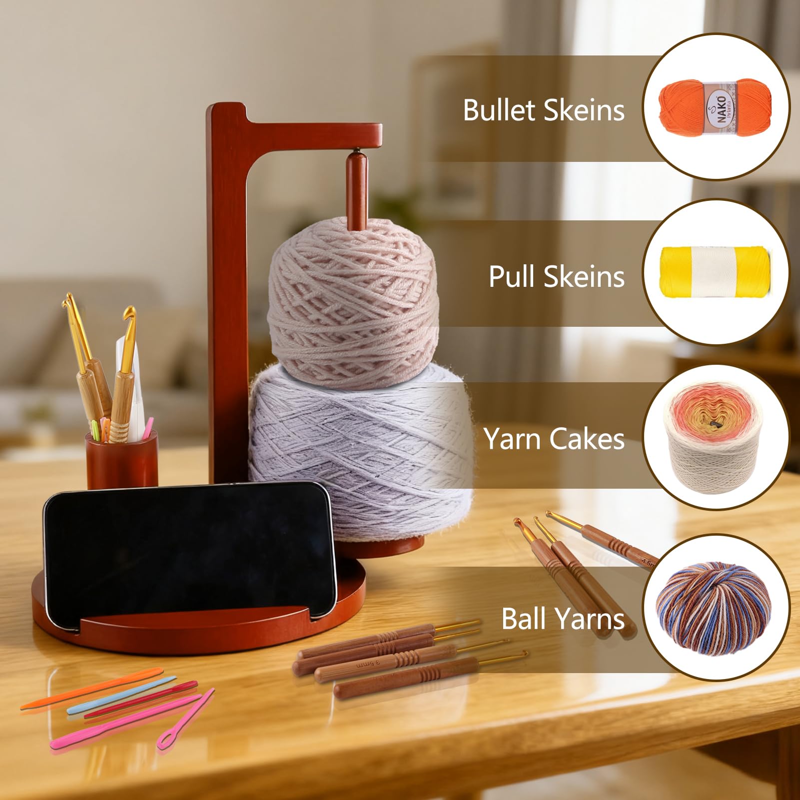 Soporte para hilo de ganchillo y tejer, giratorio magnético de madera con ganchos y agujas, soporte para teléfono y organizador de almacenamiento, regalo ideal para los amantes del tejido