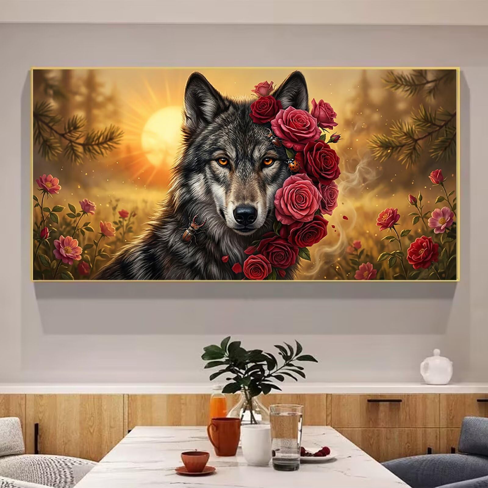 Diamond Painting Wolf Diamant Painting Bilder Rose Runder Full Drill DIY Set Erwachsene Diamanten Kinder Bastelset, Kreatives für Erwachsene Mosaik Bastelset für Home Decor Wand Deko, 60x120cm,Cod-915