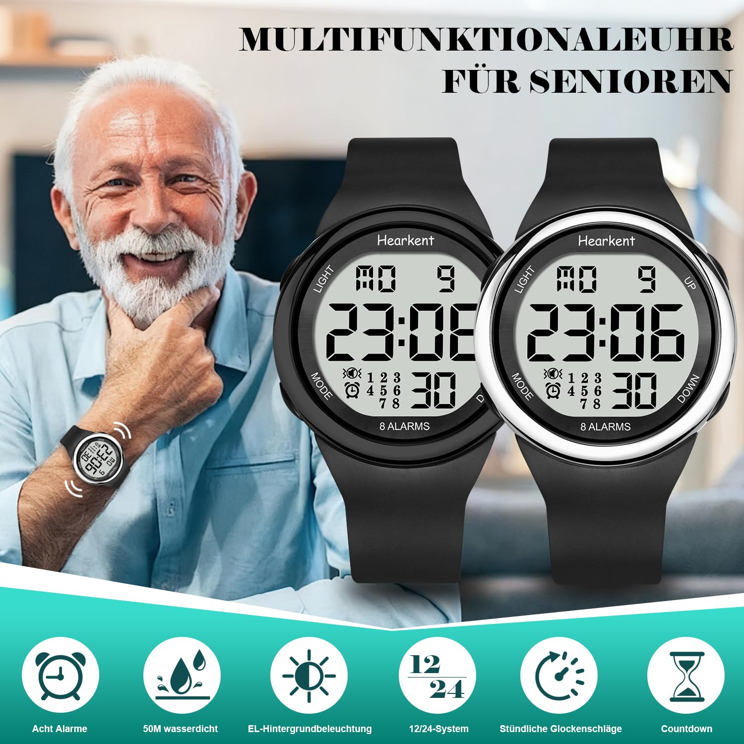 8 allarmi e orologio vibrante per anziani, promemoria medicinali per non udenti, grande orologio con numeri retroilluminati
