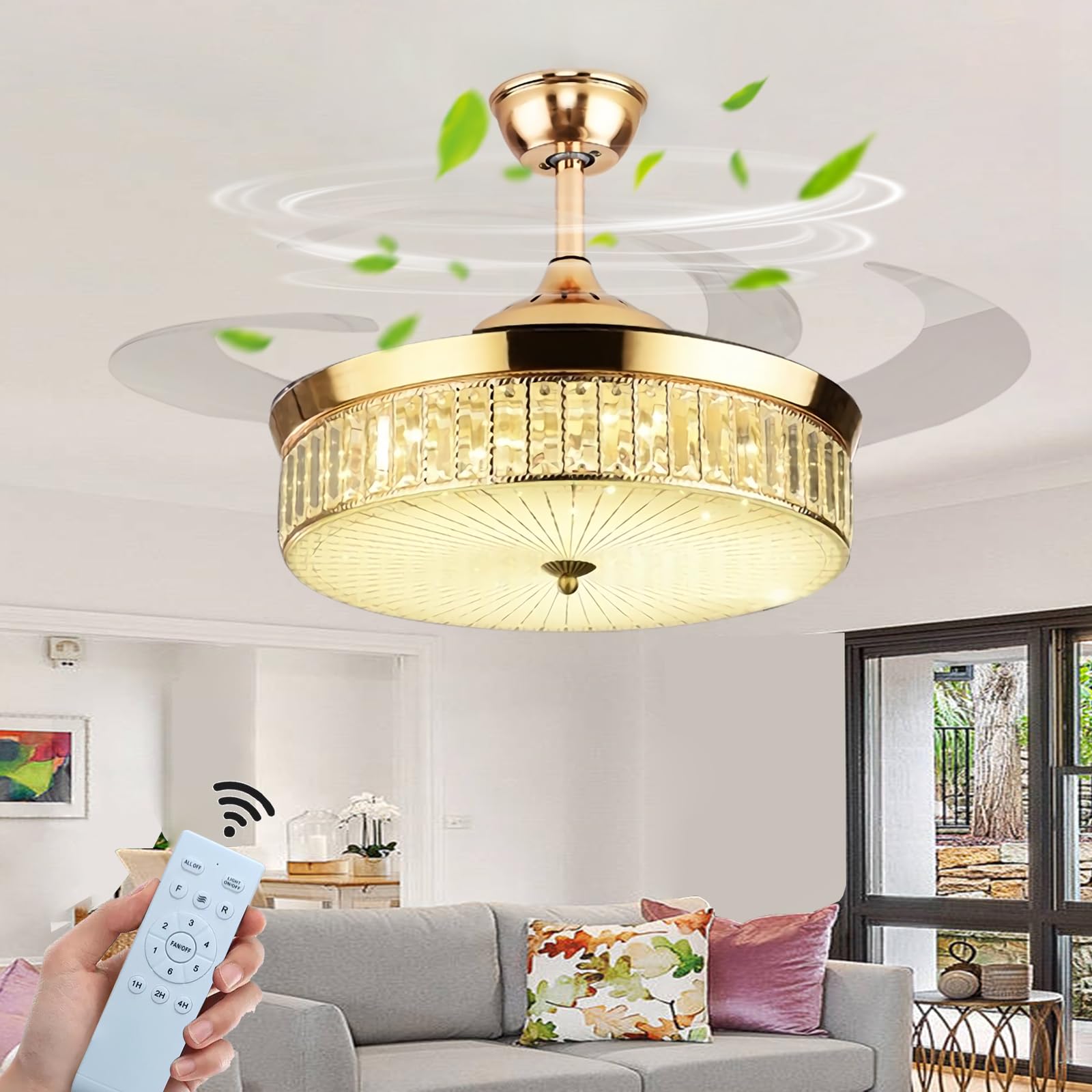SXDMOUBK Silent Remote Control Ceiling Fan with Retractable Blades 6 Speeds Reversible 3 Color Temperatures Modern Design Light 107CM Golden Finish