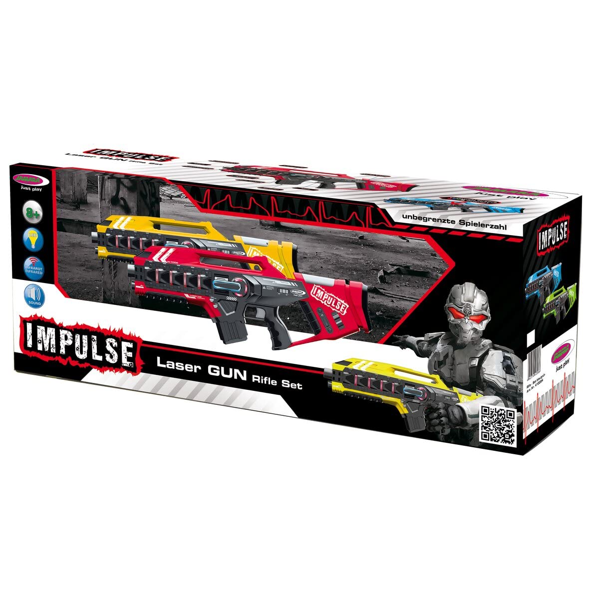 JAMARA 410083 Impulse Gun – Rifle Set gelb/rot – Laser Tag mit 3 Battlemodi Spieler je Team, Last Man Standing, Duell, 4 simulierte Waffen mit Soundeffekte, bis 40m Reichweite