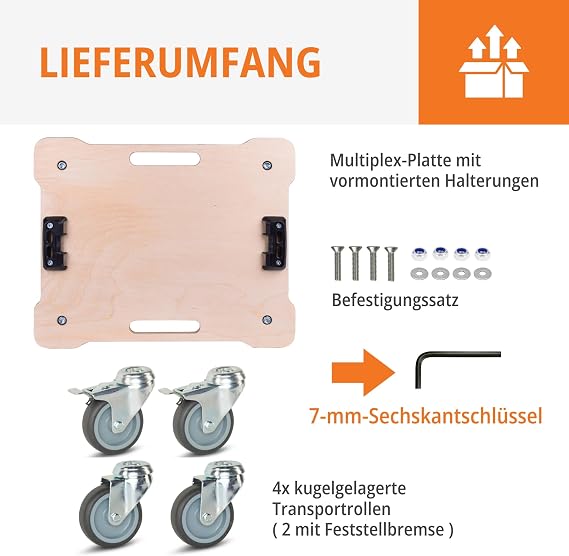 WFIX Work System Base Rolling Board for L-BOXX Systems - Transport Roller Made of Birch Multiplex up to 350 kg Includes 7 mm Allen Key Compatible with Sortimo & Bosch Professional 2 Swivel Castors with Brake