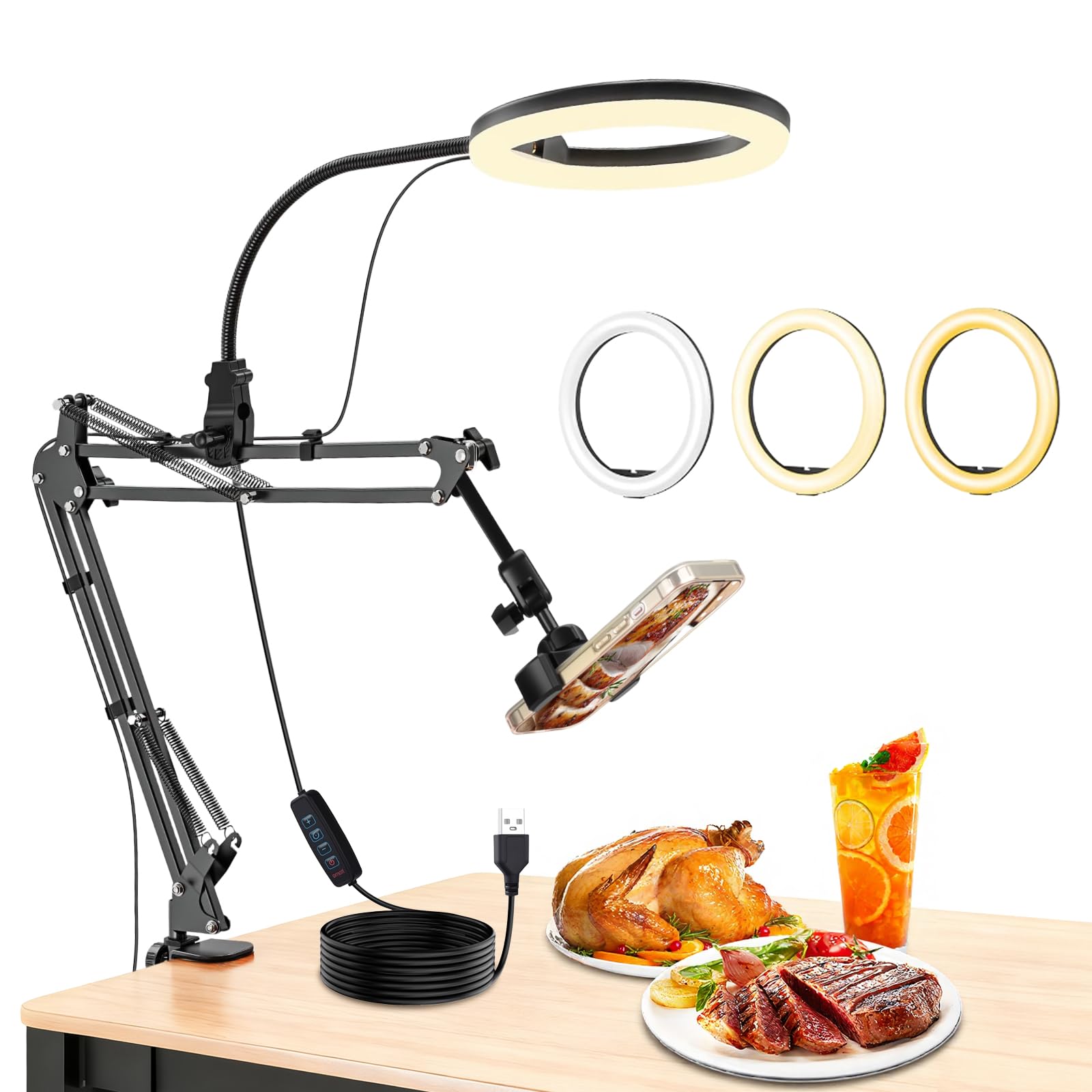 Treppiede per telefono cellulare con LED Ring Light (26 cm), alimentato tramite USB, 3 modalità di colore, Ring Light anello luce girevole a 360° per fotocamera, trucco, trasmissione in diretta