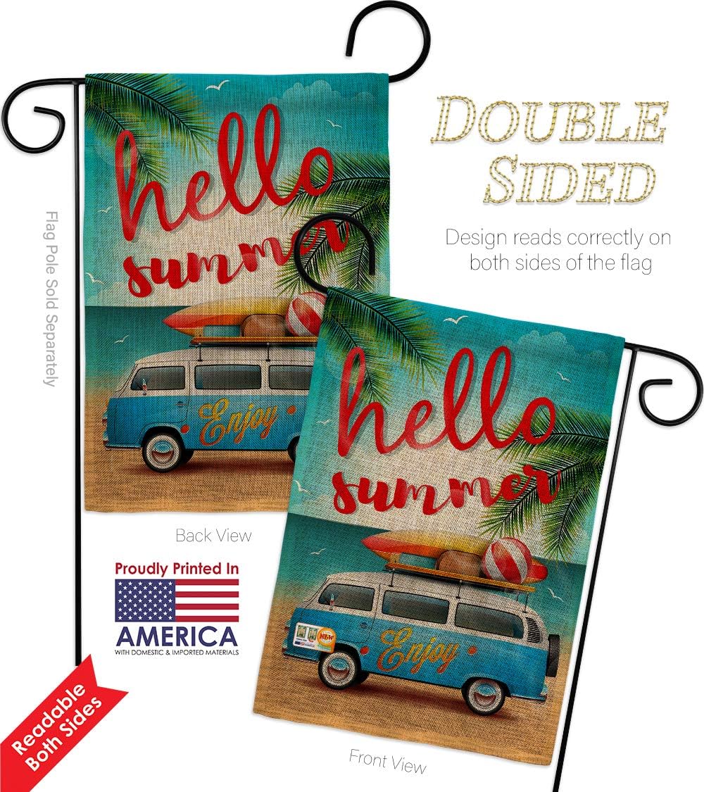 Hello Summer Enjoy Bus Burlap Garden Flag Summertime Fun and Sun Beach Pool Luau Tropical Party Season Outdoor Sunny Small Decorative Gift Yard House Banner Double-Sided Made In USA 13 X 18.5