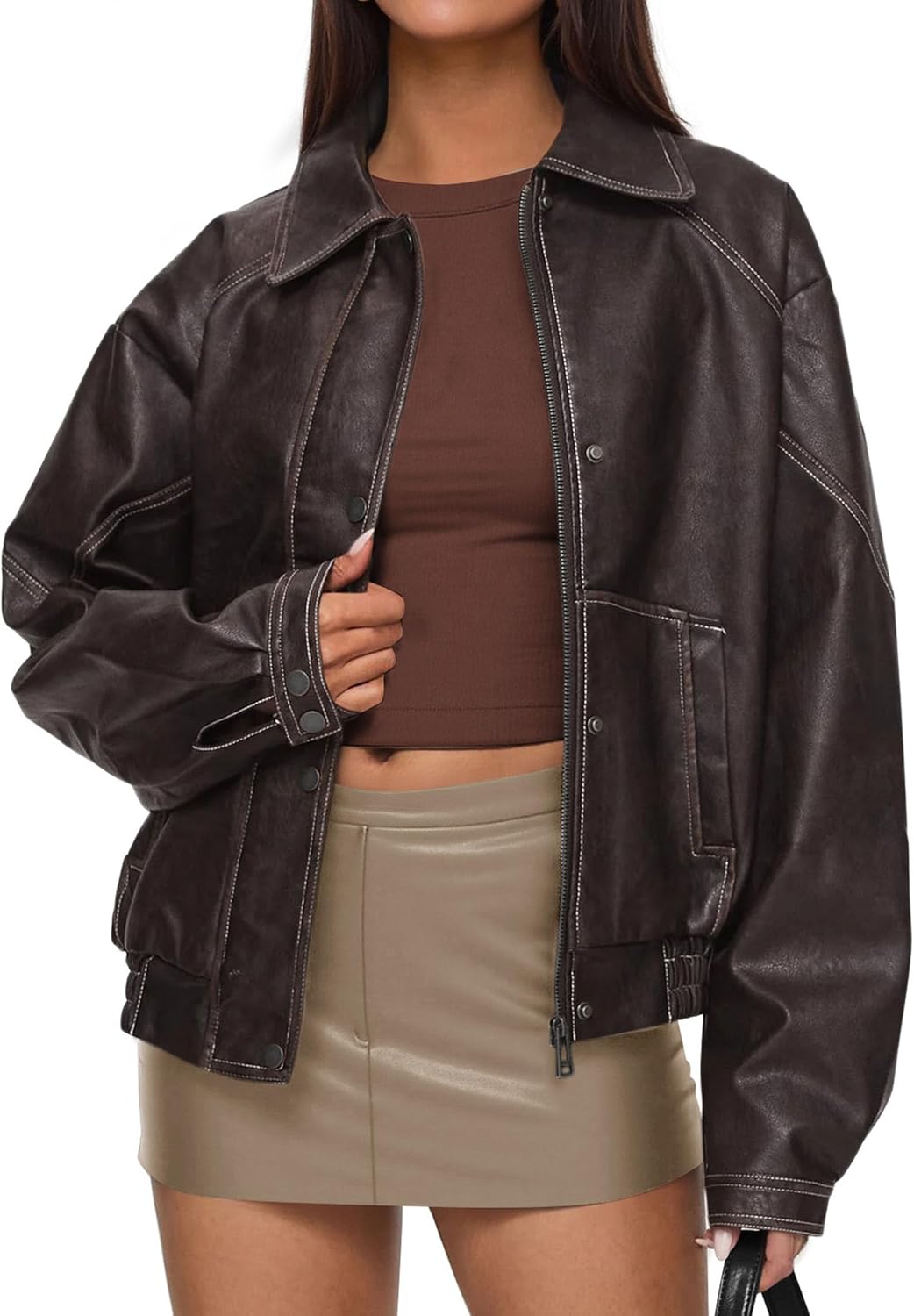 PRETTYGARDEN Faux Leather Jacket Women Bomber Motorcycle Zip Up Jackets Oversized Fall Fashion Outfits 2026 Winter Coats