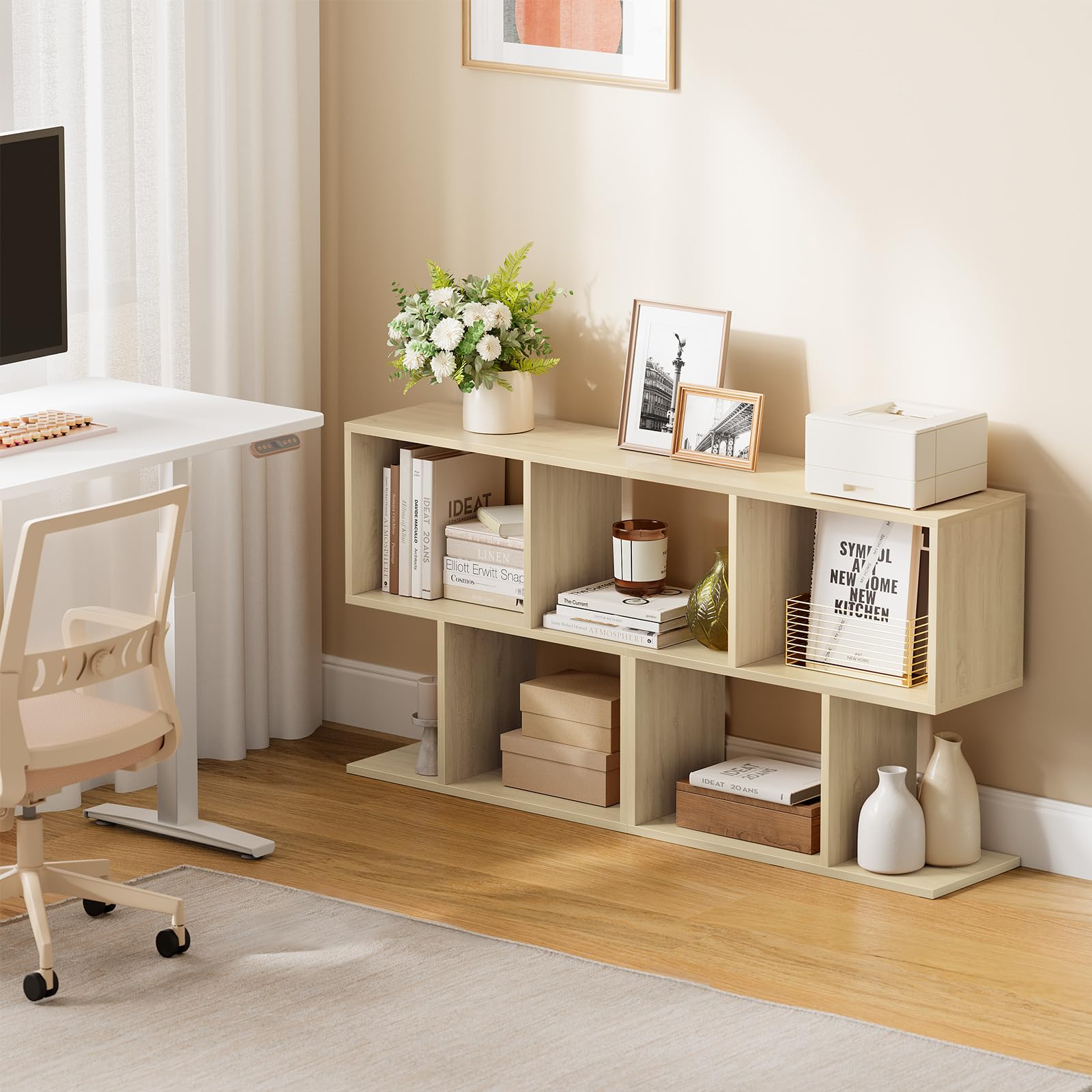 eSituro Mesa Auxiliar de Sofá, Mesita en Forma S, Mesa de Centro con 4 Estantes Abiertos, Mesita Auxiliar para Salón, Estudio, Dormitorio, Ahorro de Espacio, Roble Claro