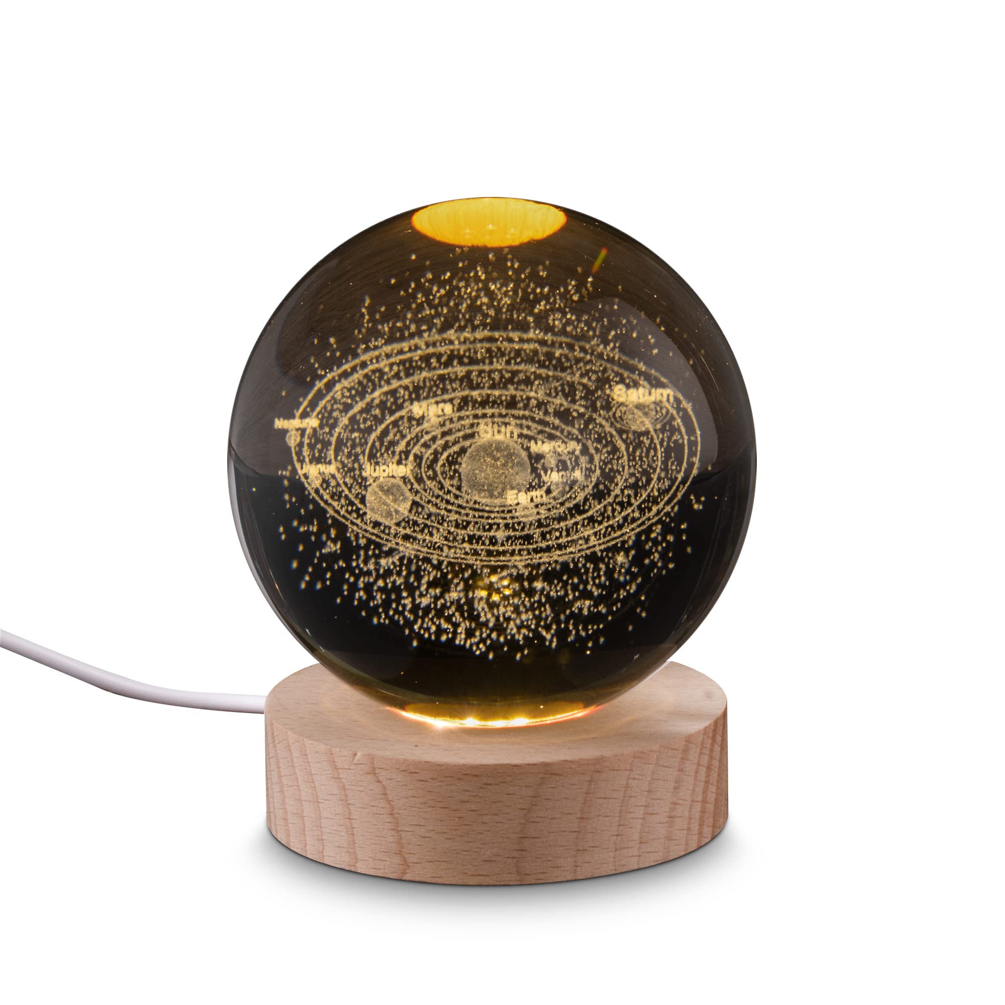 MesmerLuxe Planet Lamp with Warm Light - 3D Solar System Night Light with Wooden Stand - LED Light Lamp for Bedroom, Best for Birthday Gift & Gifts for Women - 3.15 Inch Diameter