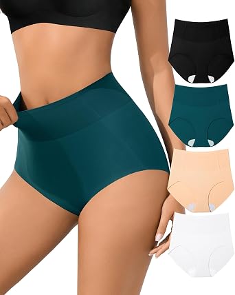 Eiggam Womens Tummy Control Underwear High Waisted Panty Full Coverage Ice Silk Briefs No show Shapewear Underwear Pack