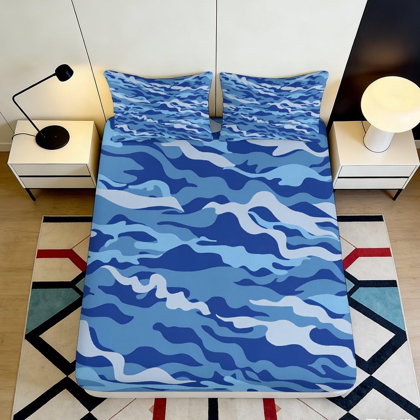 3D Printed Blue Camouflage Fitted Sheet Microfiber Soft Breathable Abstract Wave Mattress Cover for Bedroom Dormitory Guest Room Protection Decor 120x200x25cm