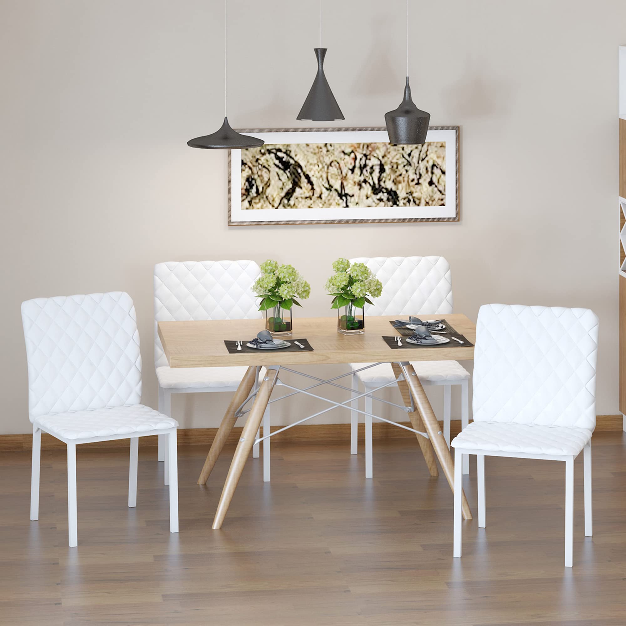 HOMCOM Set 4 Sedie per Soggiorno o Sala da Pranzo, Sedie Imbottite e Rivestite in Pelle PU Bianca, 41x50x91cm