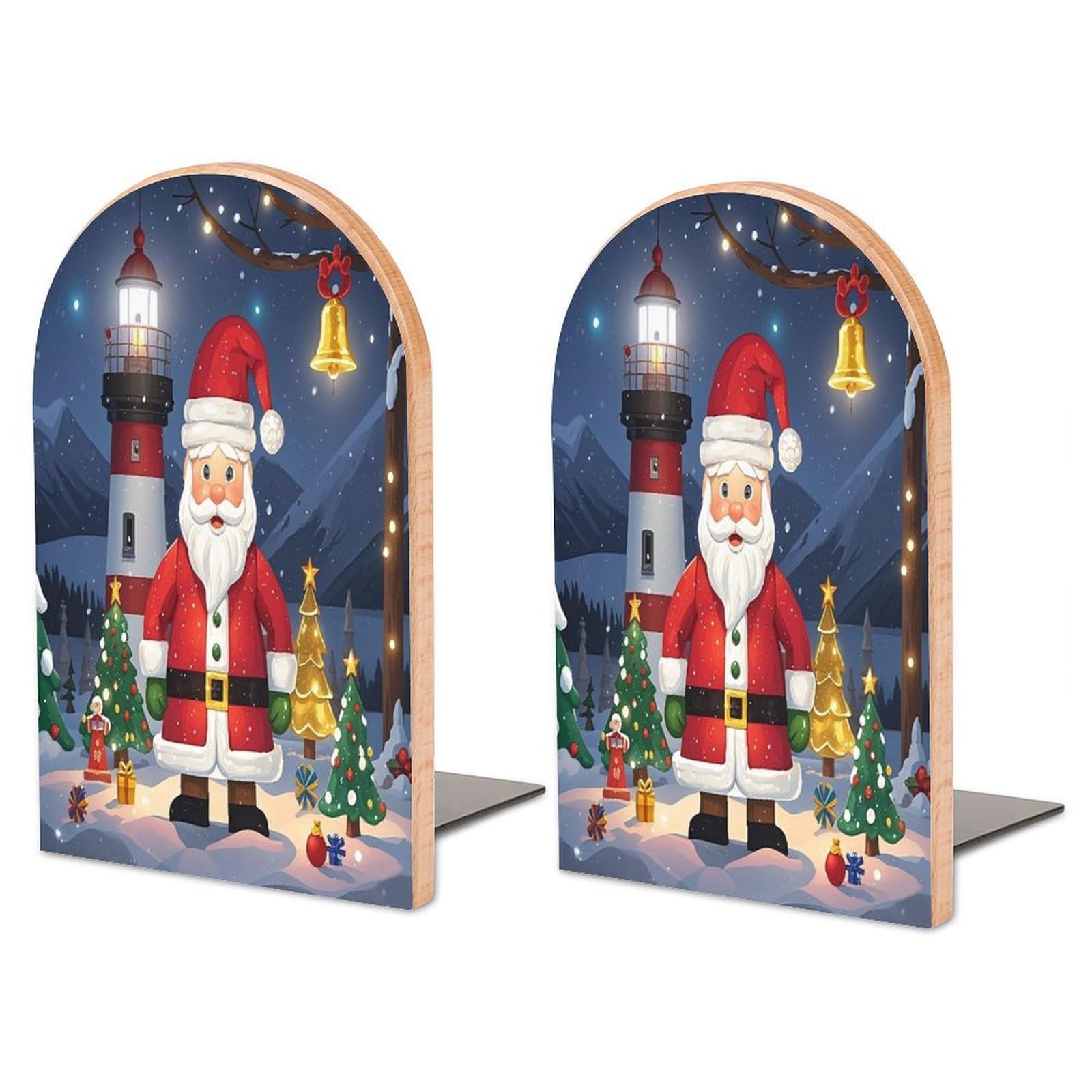 Lighthouse Santa Bookend for Shelves Non-Skid Book Holder Modern Heavy Duty Bookend Stopper Metal Base Wood Book End Books Shelf Holder Home Decorative 1pair 6.7x3.9x4.7