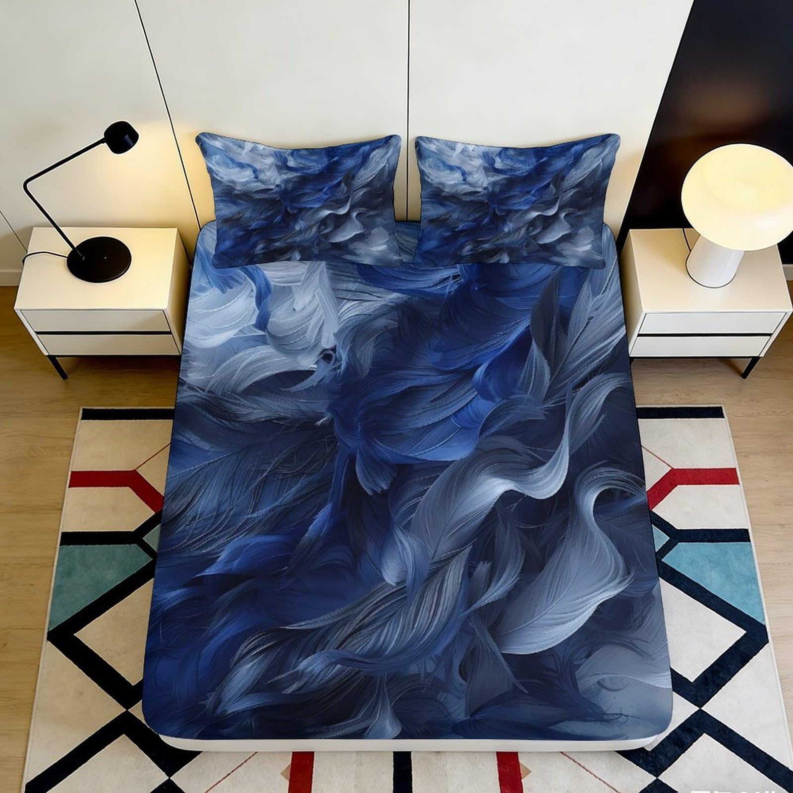 3D Printed Blue Abstract Fitted Sheet Microfiber Soft Breathable Swirl Pattern Mattress Cover for Bedroom Dormitory Guest Room Protection Decor 120x200x25cm