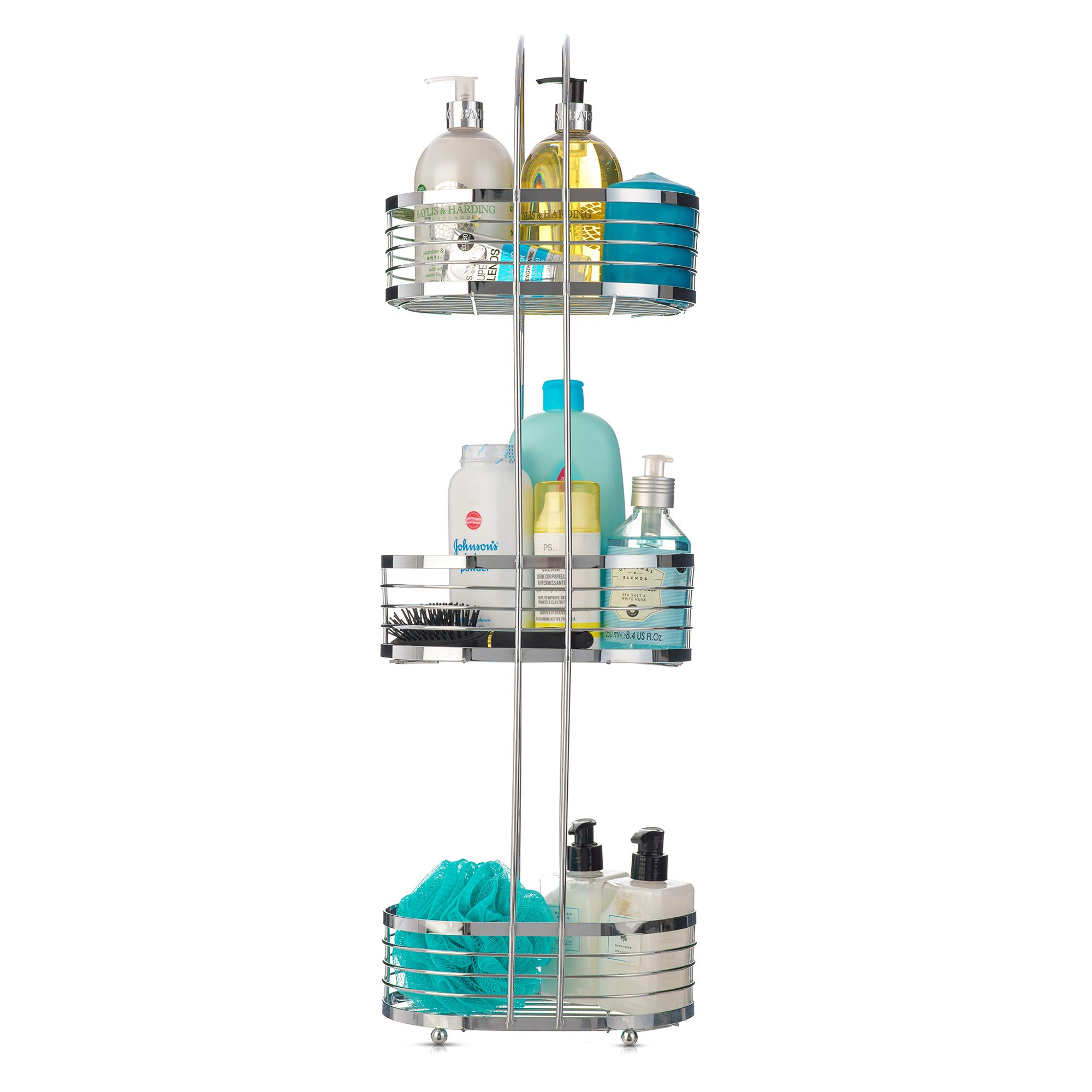 LIVIVO 3 Tier Free/Floor Standing Organiser Chrome Shower Oval Cubicle