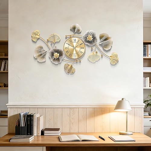 Miniatura 7 de Relojes de pared para decoración de sala de estar, reloj de pared grande, diseño creativo 3D de hoja de ginkgo de metal, con movimiento silencioso,