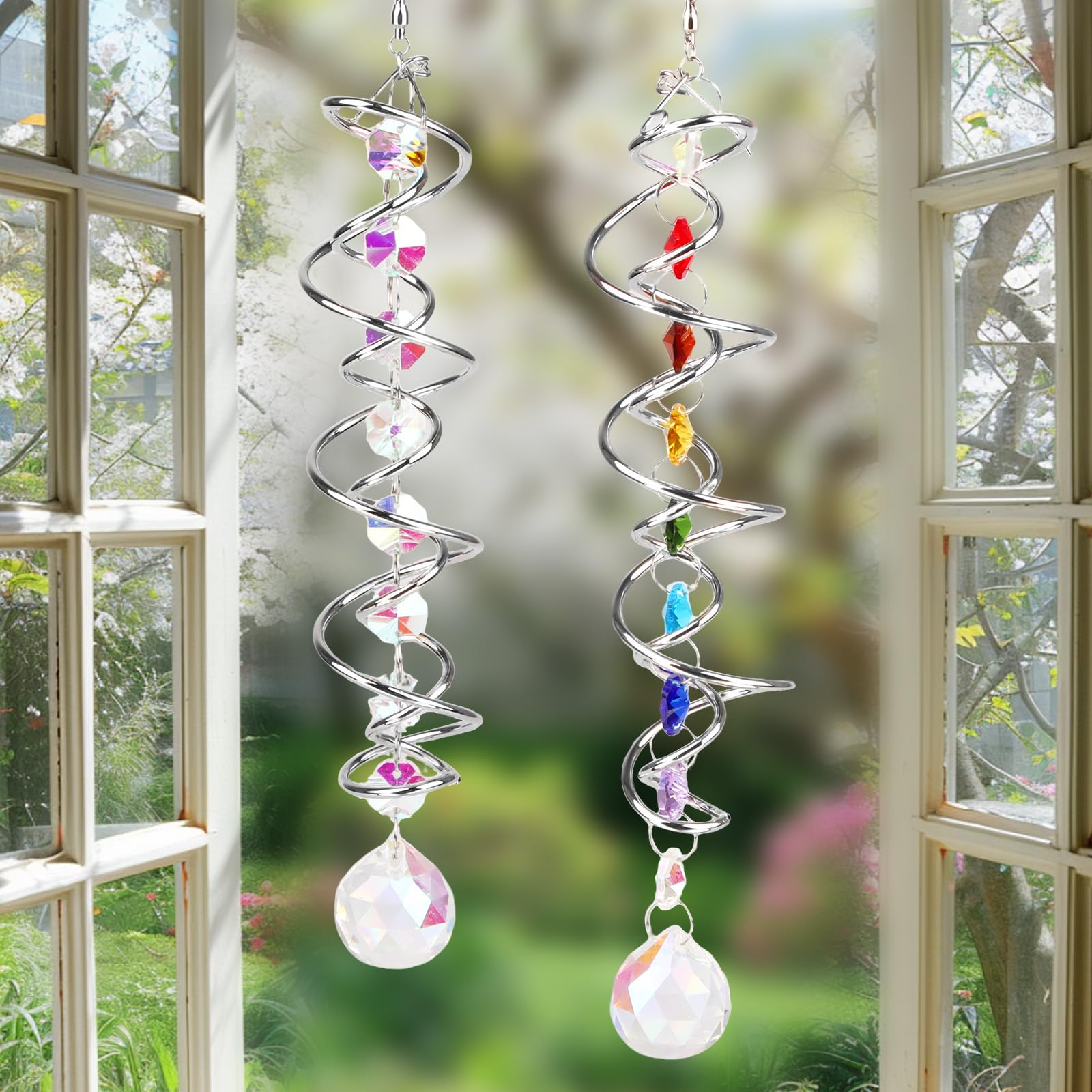 2 Stück Kristall Sonnenfänger Fensterdeko, 45 cm Hängedeko mit Glaskugel, Spiralanhänger & 7 Chakra-Kristallen, Regenbogen Lichtfänger für Fenster, Balkon, Garten, Terrasse, Zuhause (2pcs) - 5