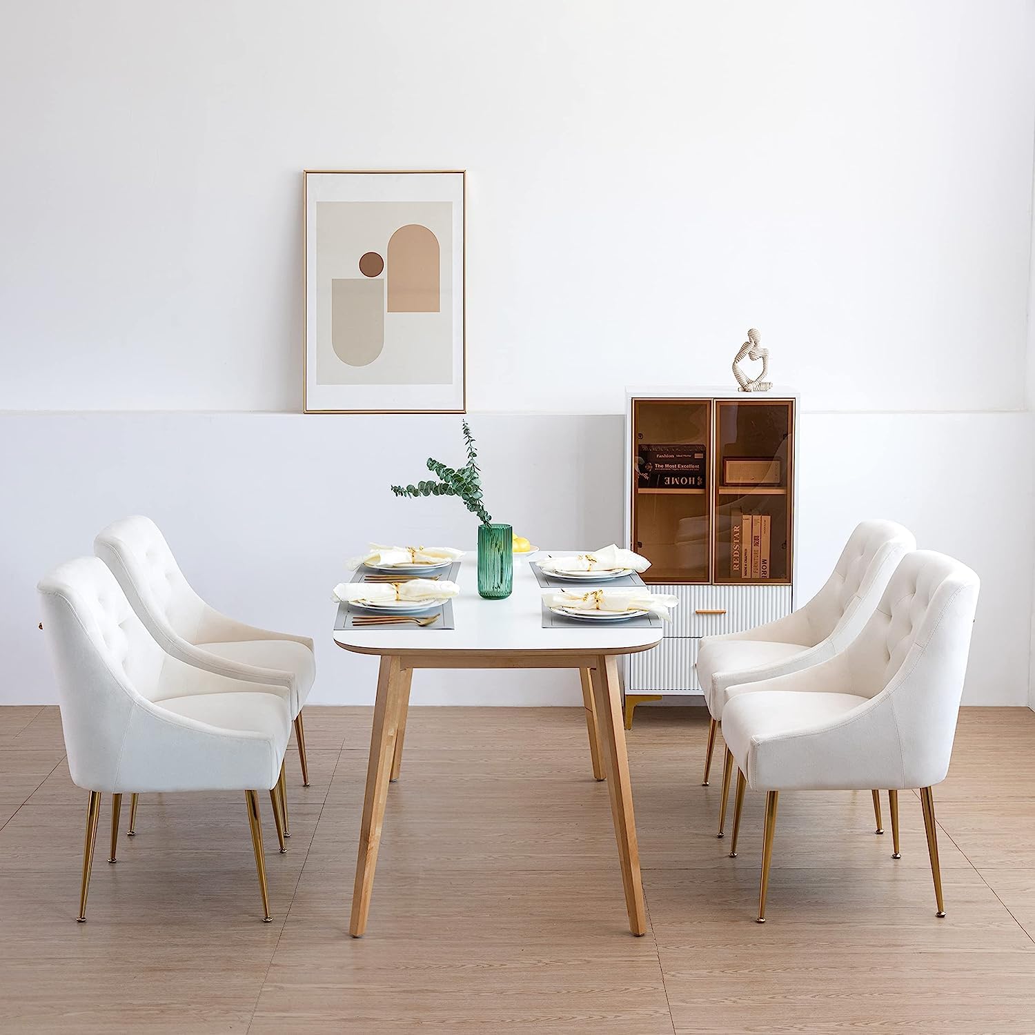 Esszimmerstühle 2er Set, Samt Esszimmerstühle, Modern Küchenstuhl mit Metallbeinen, 13 cm Gepolsterter, für Küche Esszimmer, Wohnzimmer, Schlafzimmer (Beige)
