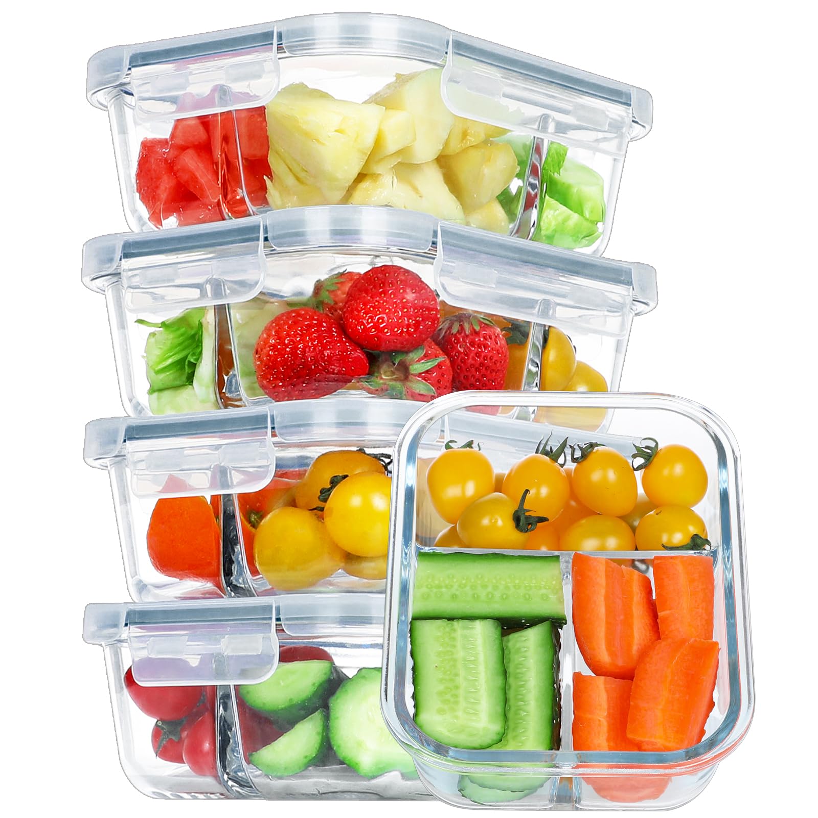 BAYZZ Paquete de 5 recipientes de vidrio de 35 onzas para preparación de comidas, 3 compartimentos, recipientes de vidrio para almacenamiento de alimentos con tapas, caja bento hermética, recipiente