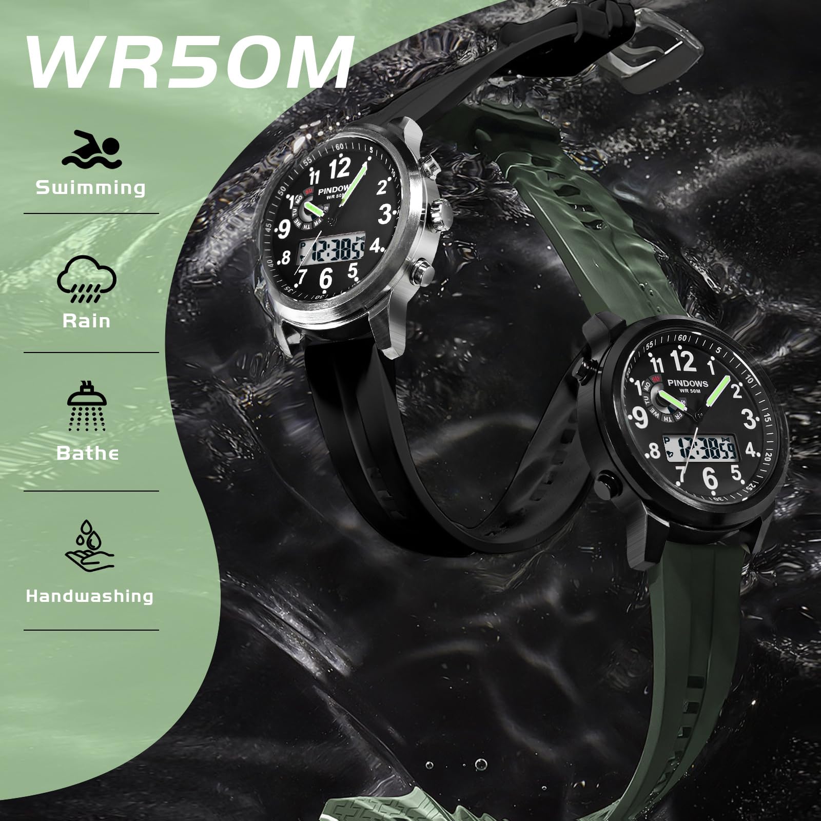 PINDOWS Orologio da uomo doppio fuso orario analogico digitale militare