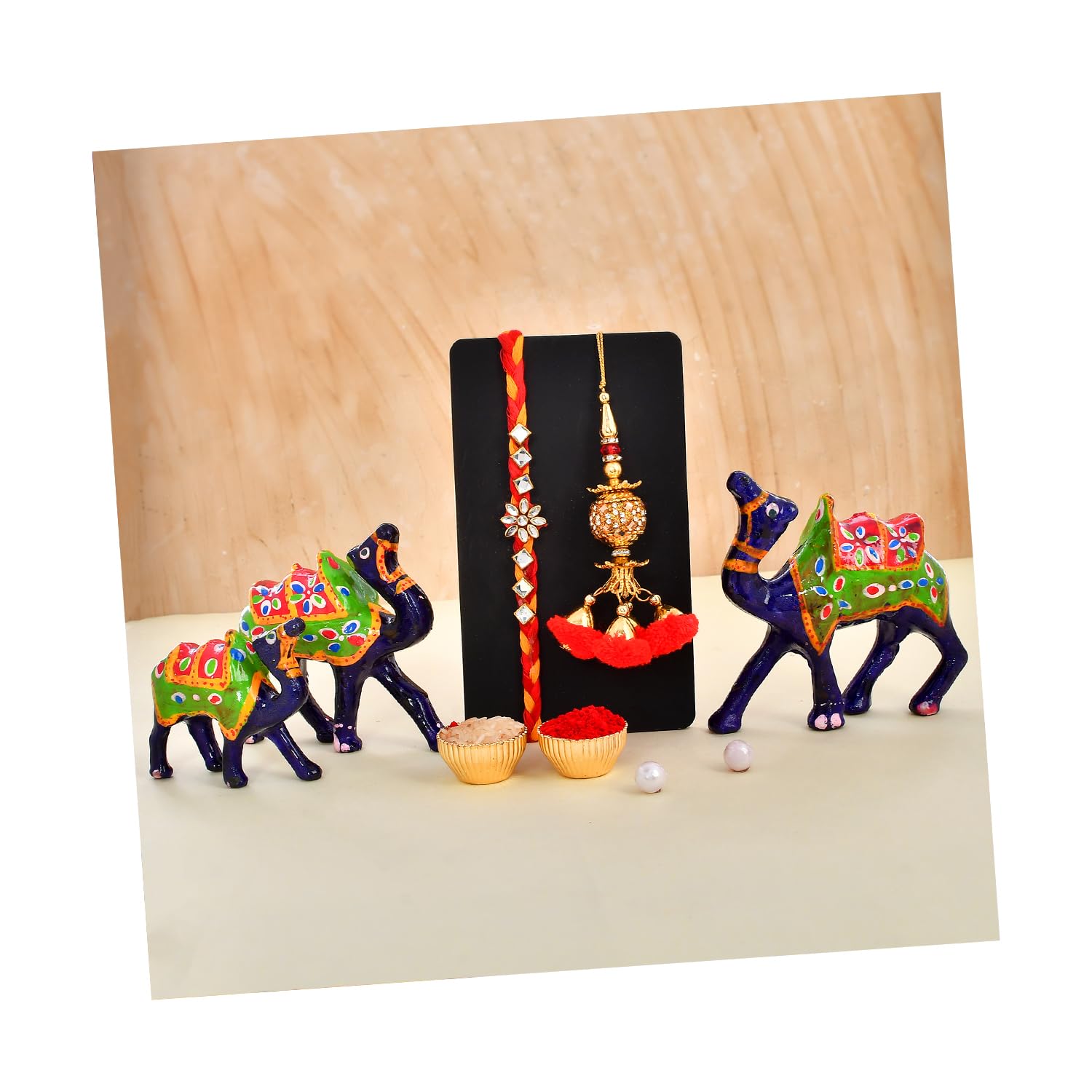 CraftVatika Rakhi for Brother and Bhabhi - Rakhi Gift Combo for Brother - Bhaiya Bhabhi Rakhi Set with Camel Showpiece Set of 3 Gift - Rakshabandhan Designer Lumba Greeting Card