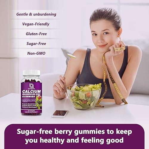 Miniatura 6 de Calcio Magnesio Zinc con suplemento de vitamina D3, Gomitas de calcio altamente absorbentes con 300 mg de glicinato de magnesio apoyo hueso y