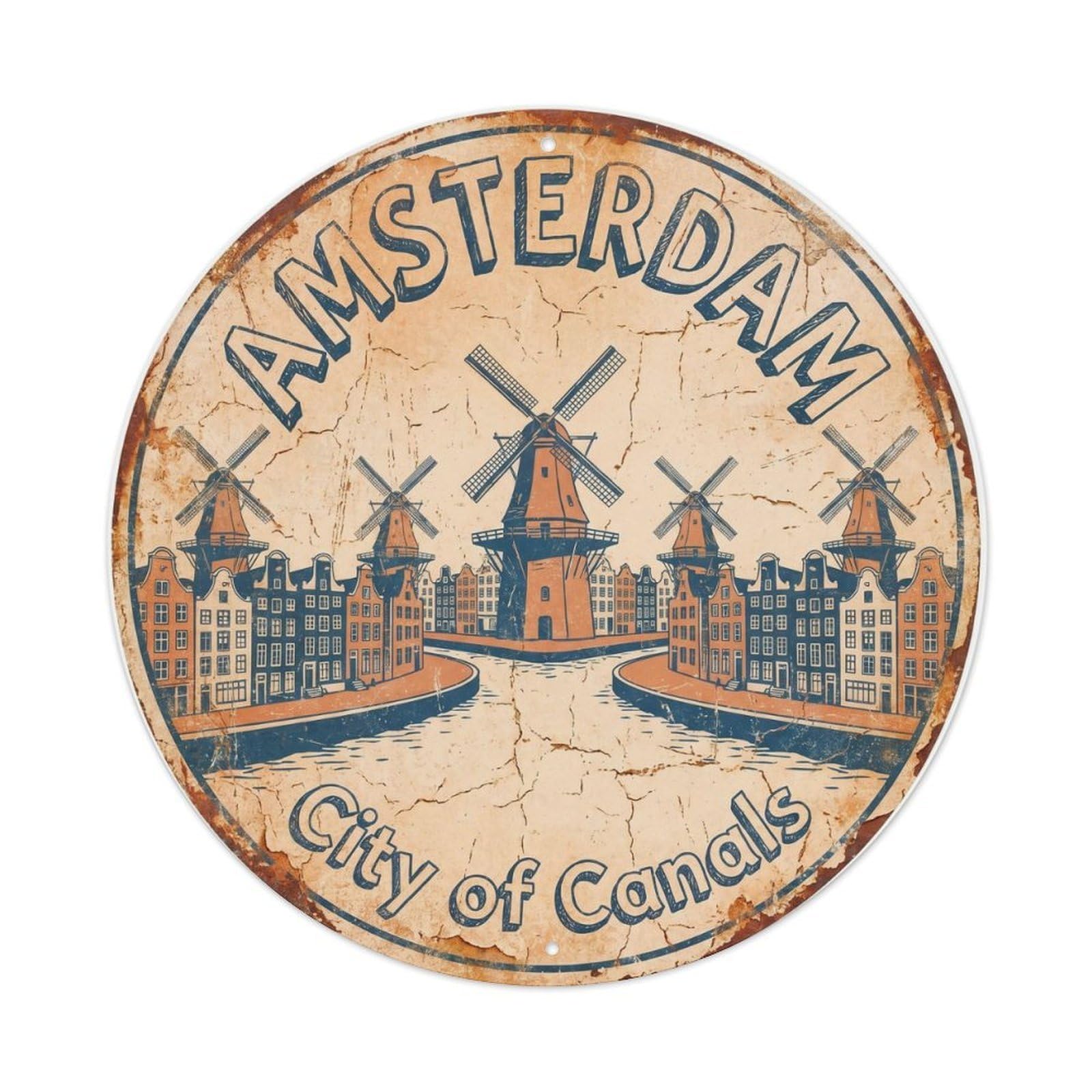 Fqnyr Style Vintage Travel Windmill Canal Amsterdam Metal Tin Sign
