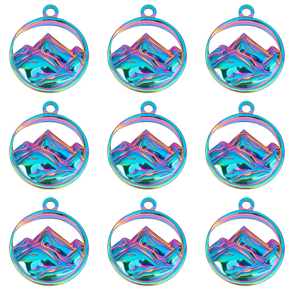 CREATCABIN 12Pcs Mountain Charms Pendants Flat Round Charms Hollow Rainbow Charm Vintage Stainless Steel for Jewelry Making Findings DIY Craft Supplies Necklaces Earrings Bracelet Keychain Gifts