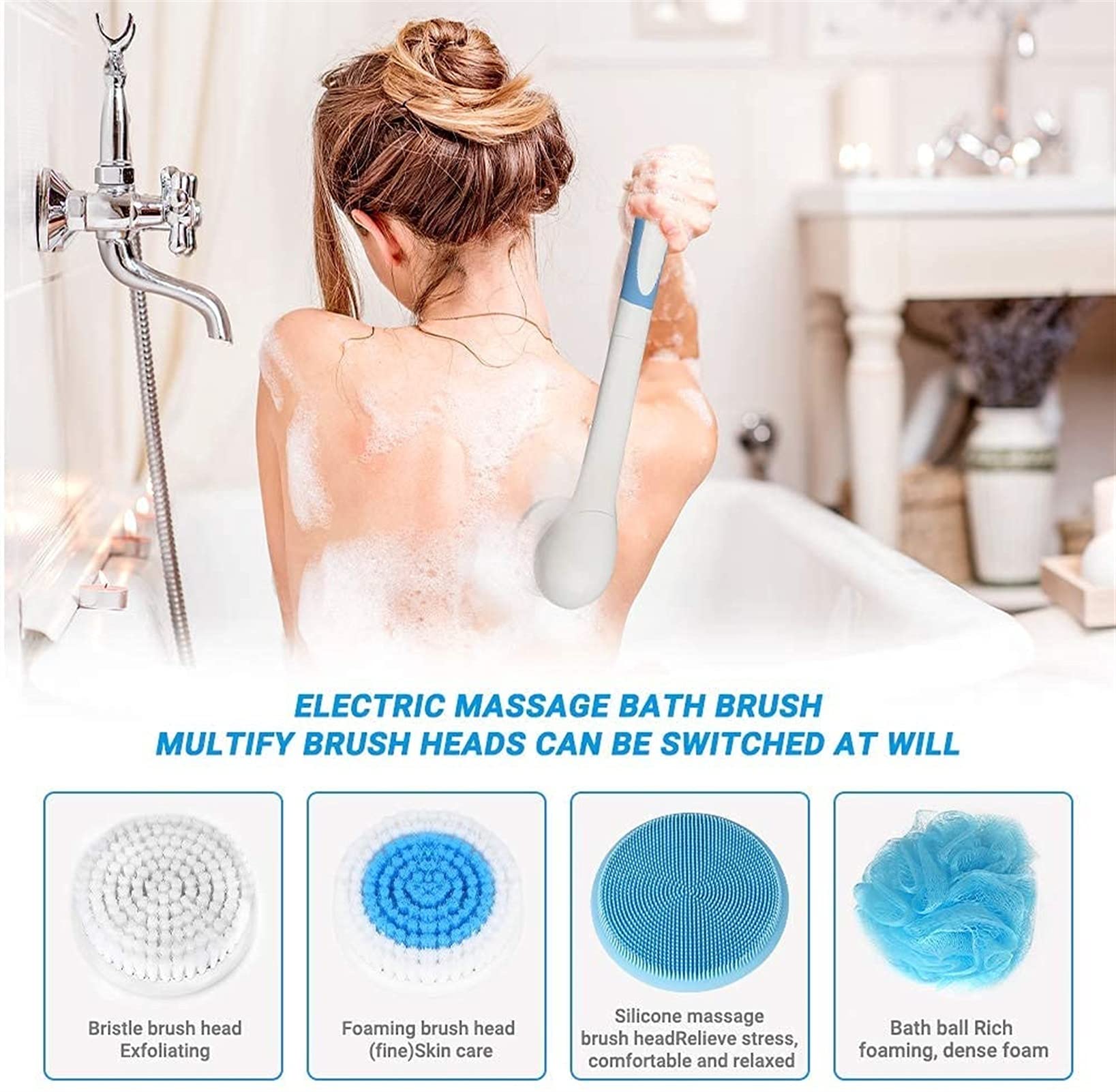 GeRRiT Ensemble de brosses de bain électriques, brosse corporelle en silicone étanche avec 4 têtes de brosse rotatives, brosse de douche for épurateur de bain facial exfoliant SPA, brosse dorsale à lo