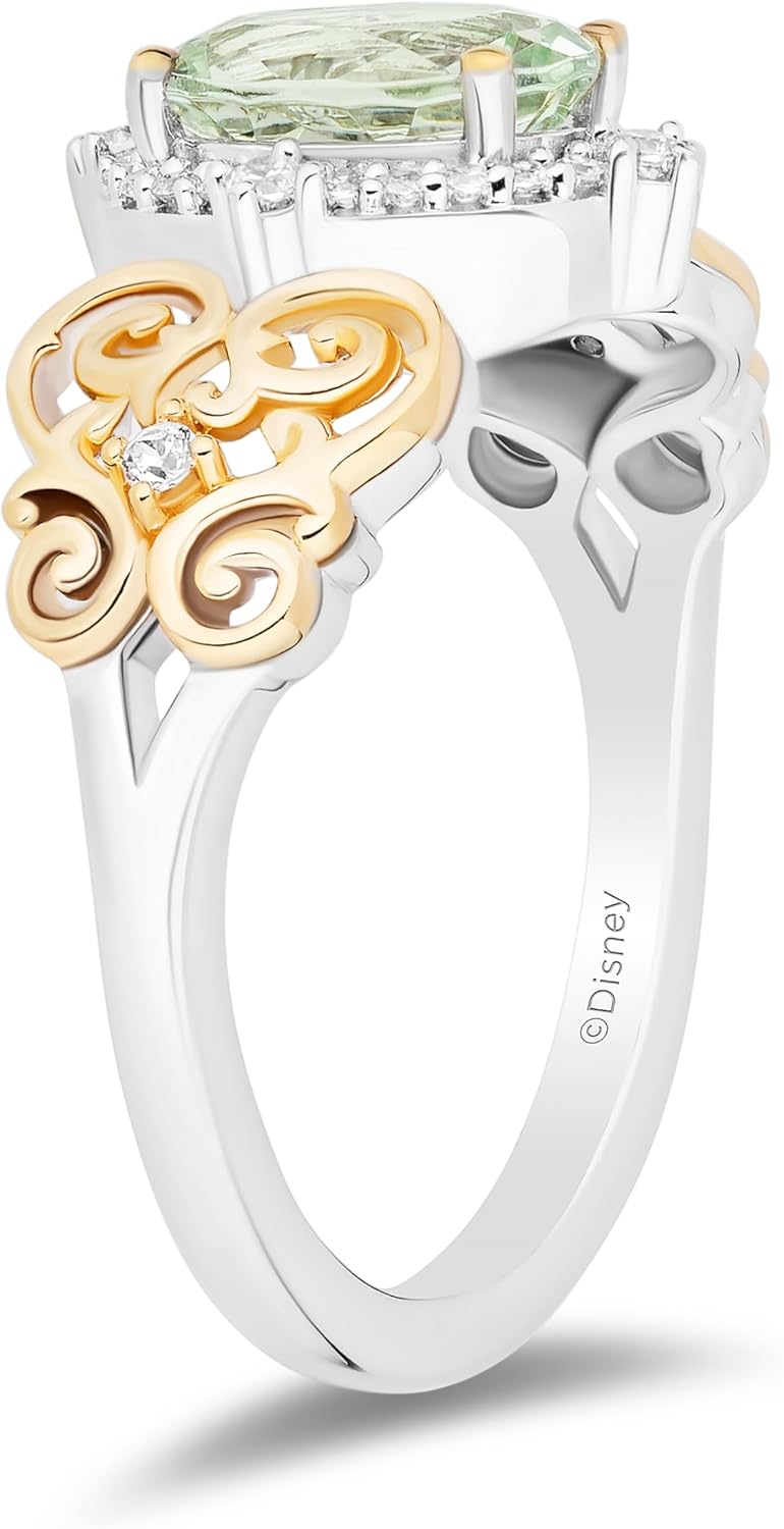 Jewelili Enchanted Disney Fine Jewelry 14K Yellow Gold over Sterling Silver with 1/8 CTTW Diamonds and Green Amethyst Tiana Ring