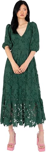 Maya Deluxe Women's Midaxi Dress V Neckline Puff Sleeve Lace A-Line for Wedding 