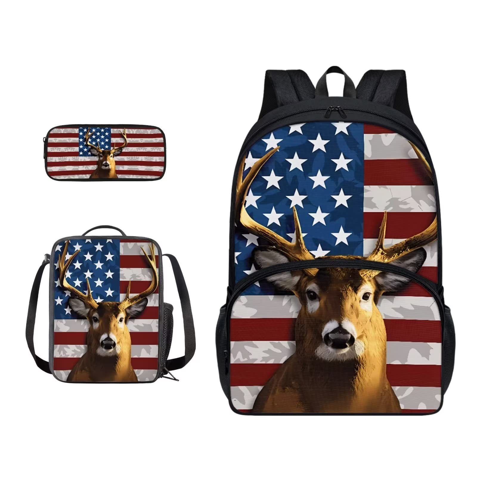 Poceacles Schultasche und Lunchbox-Set für Teenager, Jungen, Grundschule, Büchertasche, Federmäppchen für Grundschulkinder, Amerikanische Flagge und Reh, Einheitsgröße