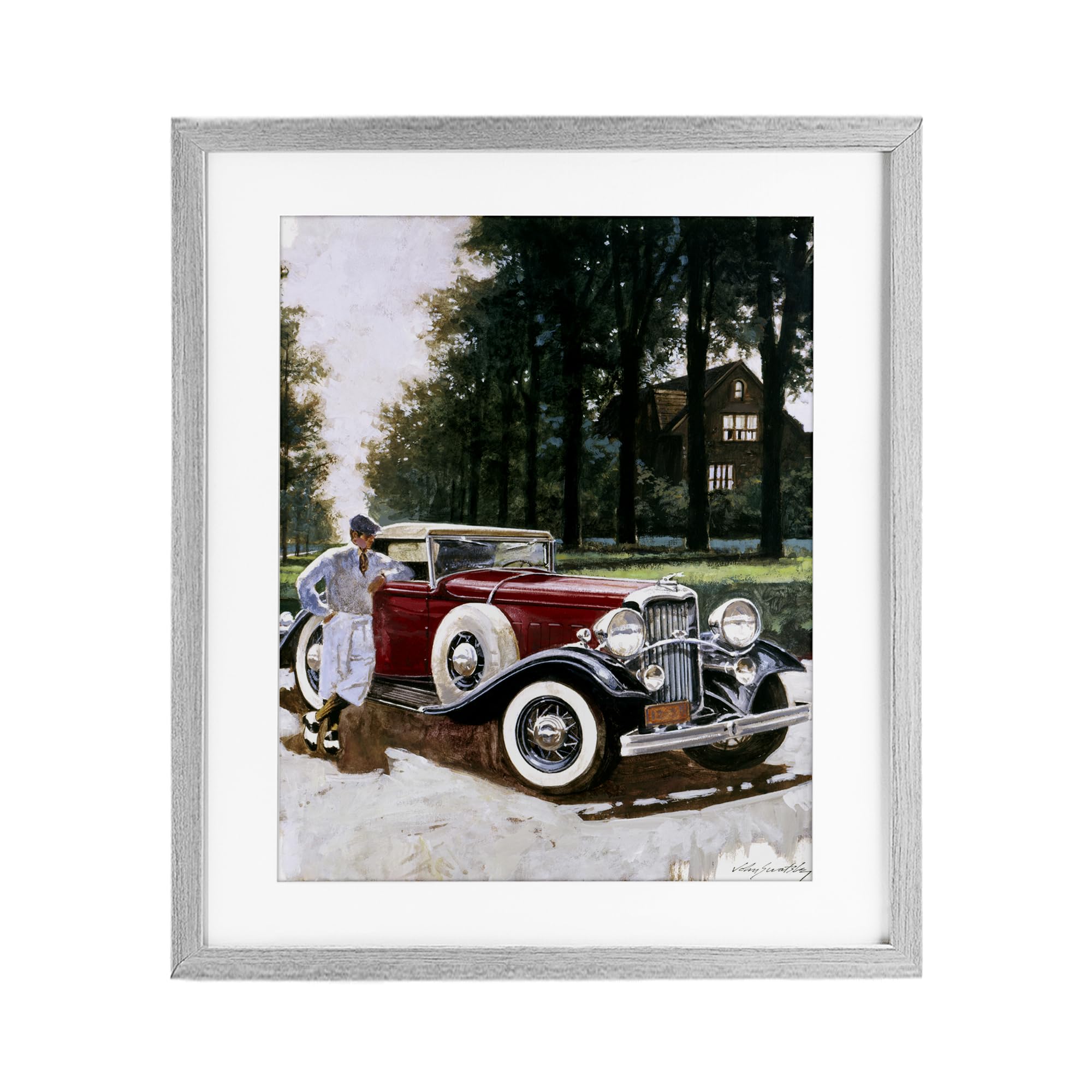 'Retro Convertible Coupe & Driver'| Framed Print Under Glass