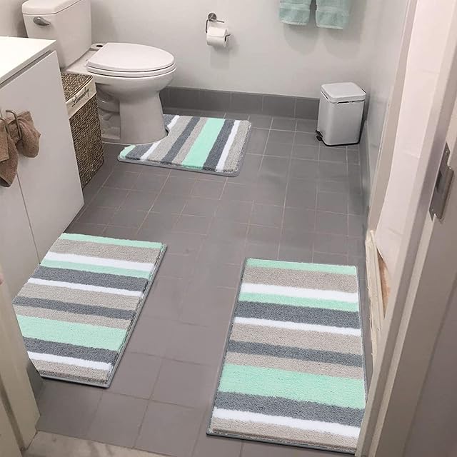 Pauwer Bath Mat Sets 3 Piece Non Slip Washable Bathroom Mat and Rug Sets Soft Water Absorbent Bath Toilet Rug Shower Rug, Green