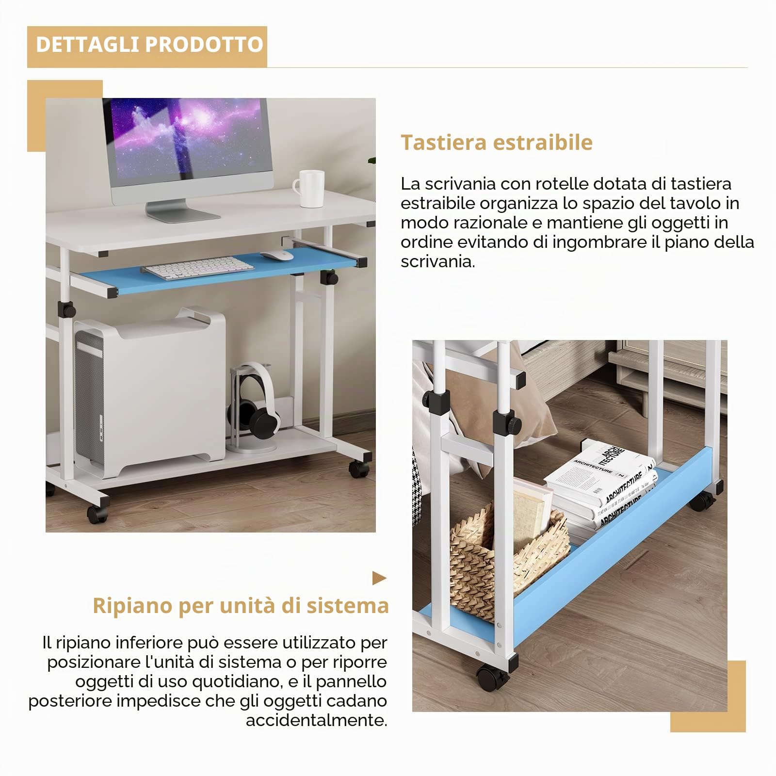 Dripex Scrivania regolabile in altezza, scrivania per computer con ruote, scrivania piccola su ruote, tavolo per laptop salvaspazio con estrattore per tastiera e scaffale, tavolo per PC piccolo