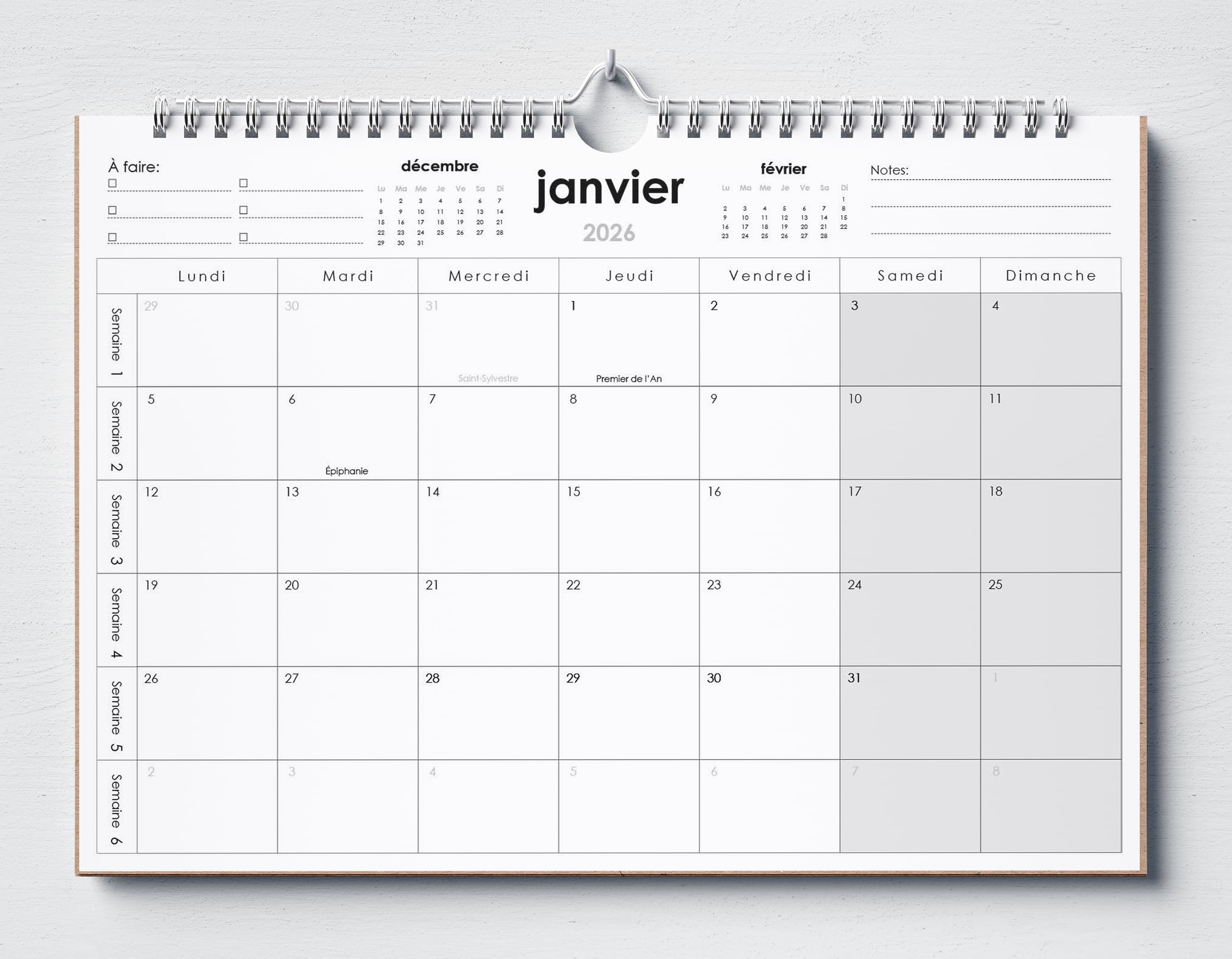 Huurdies Calendrier mural 18 mois A3+ 2026 reliure spirale impression une face dos carton numéros semaine jours fériés notes à faire