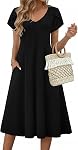 ZEAGOO Women Midi Dresses for Summer 2026 Short Sleeve Casual Flowy Dress A Line Pleated V Neck Beach Sundress with Pockets
