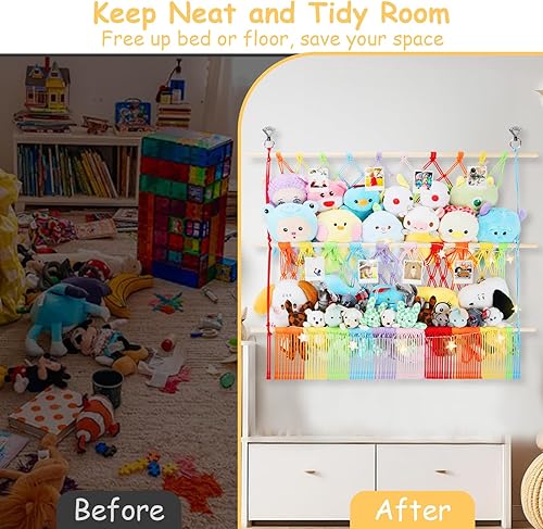 Miniatura 7 de Red de almacenamiento para animales de peluche de 2 niveles, red de peluche grande de 35 x 30 pulgadas con malla densa de 2.41 pulgadas para mini