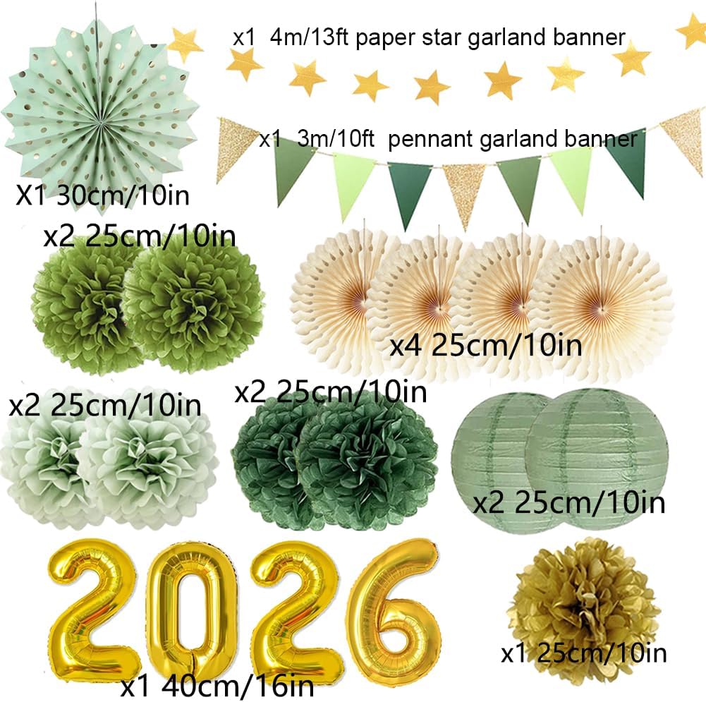 Sage Green Graduations Decorations 2026 Olive Sage Green and Gold Party Decorations 2026 Foil Balloon Tissue Paper Pom Poms Fans Lanterns Triangle Flags Bunting Banner for Graduate Party Decor