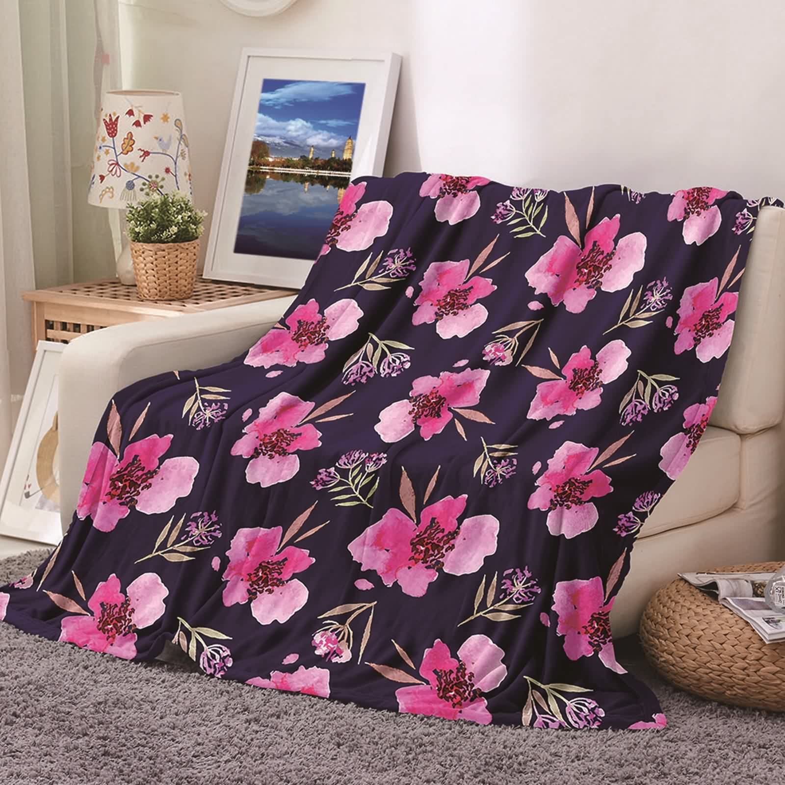 Couverture polaire KnSam plaid flannel chaud jeté de canapé imprimé fleurs violettes