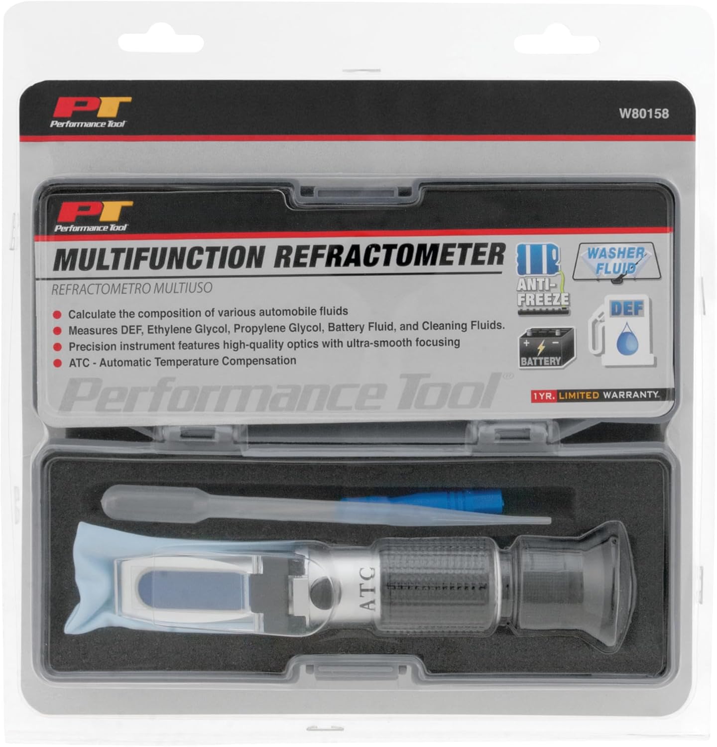 Performance Tool W80158 Multifunction Refractometer - Brix Scale, Measures DEF, Ethylene Glycol, Propylene Glycol, Battery Fluid, Anti-Freeze, Brewing Beer, Making Wine and More