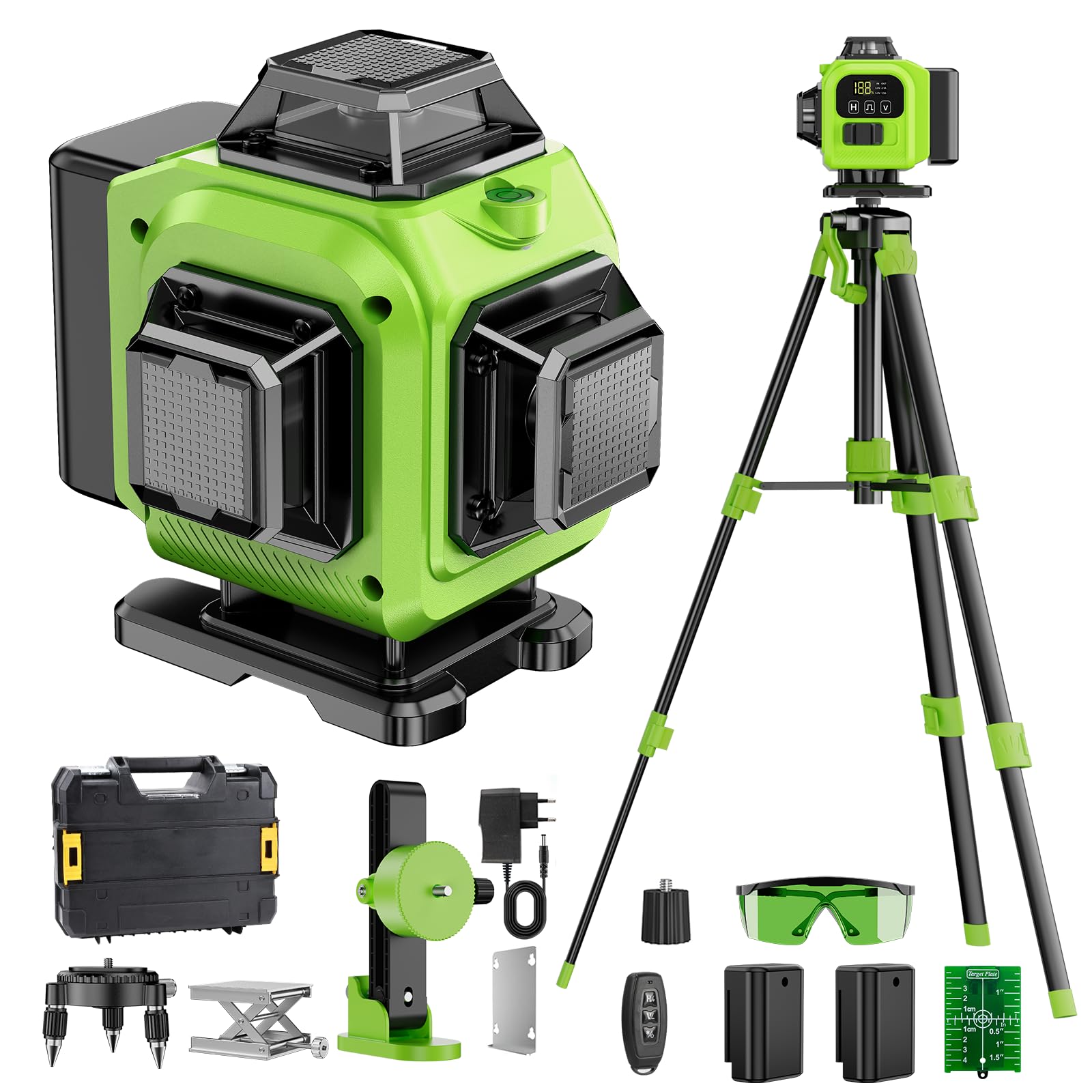 Kreuzlinienlaser Grün 16 Linien Nivellierlaser mit Stativ, 4 x 360 ° Laser wasserwaage, linienlaser kreuzlaser selbstnivellierend für Innenbereich Baustelle, 2 x Batterie Vermessungskabine