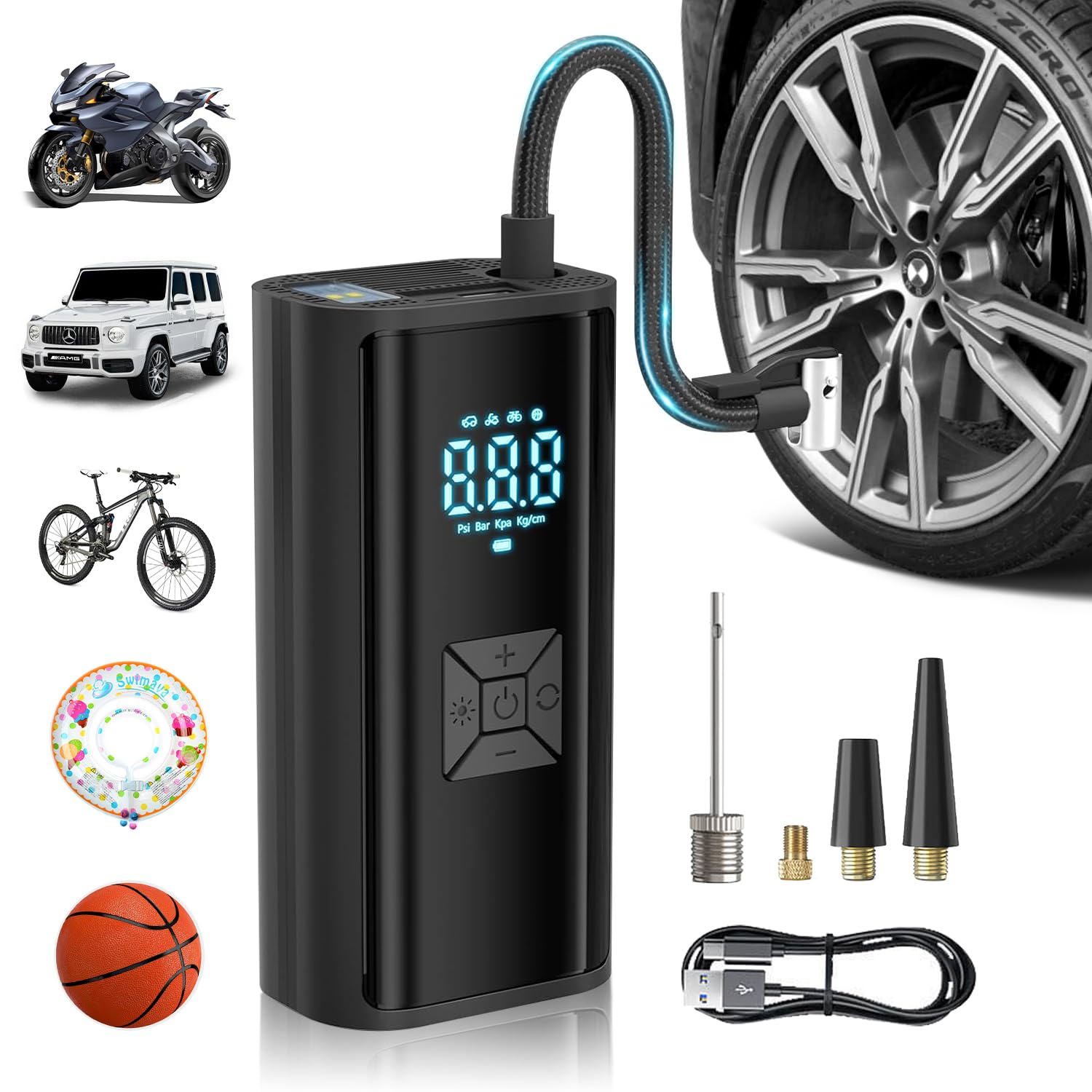 Inflador de neumáticos, compresor de aire portátil, inflador de neumáticos  inalámbrico de 150 PSI, bomba de aire portátil para coche, bicicleta, bola,  etc., inflado rápido de 35 L/min con luz LED, :