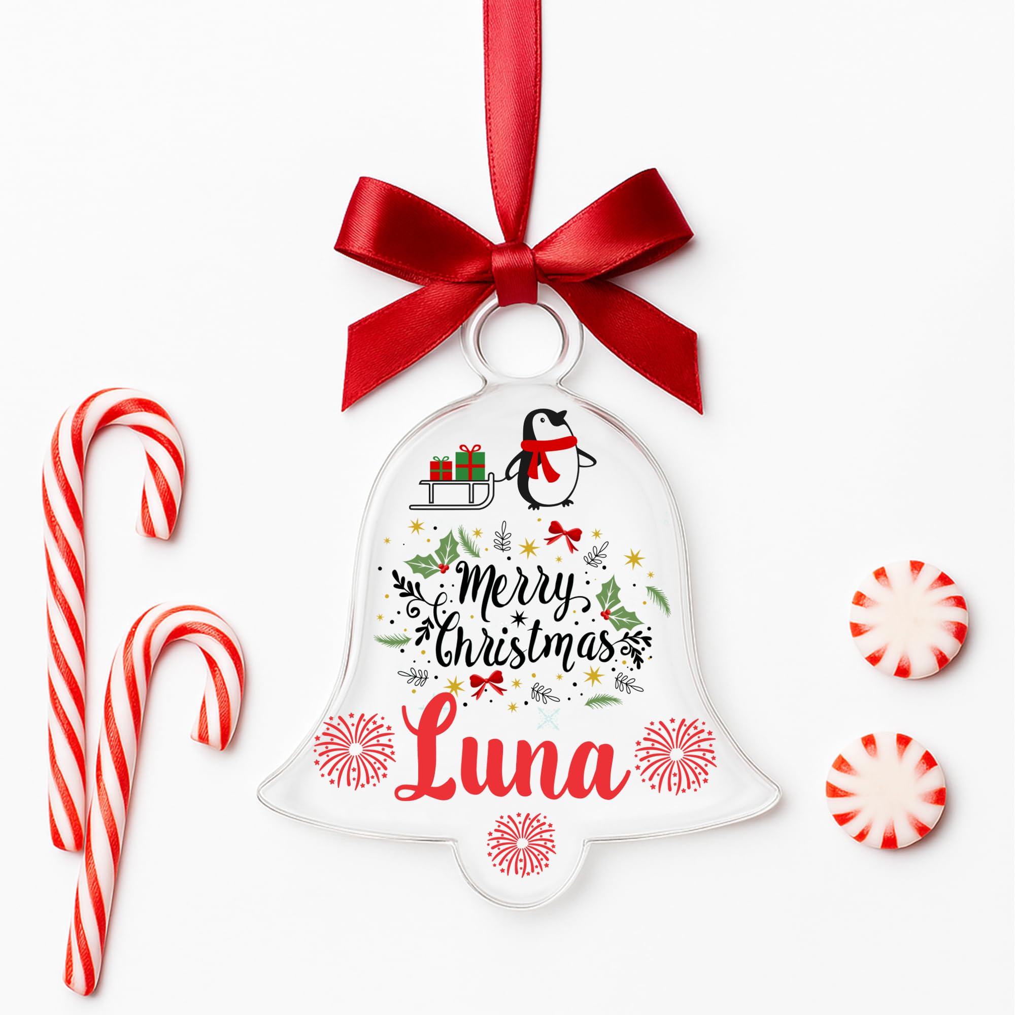 KreateSquare Personalised Christmas Bauble Xmas Tree Decoration with Customised Name and Red Ribbon Bell Shaped Baubles | Celebrate Love & Togetherness – Custom Christmas Ornament Keepsake