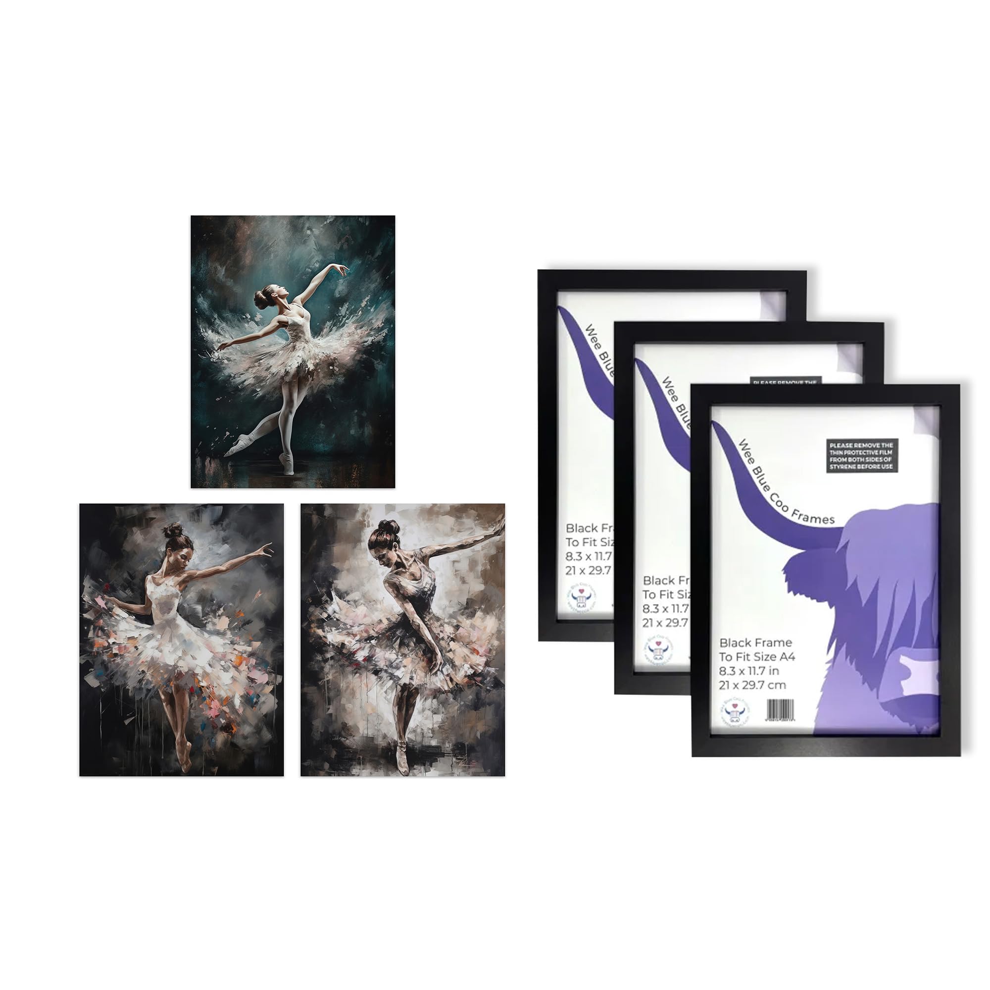 Artery8 Ballerina Wall Art - Set of 3 A4 Sized Art with Black Frames - Ballet Dancers Painting Graceful Dancing Poses