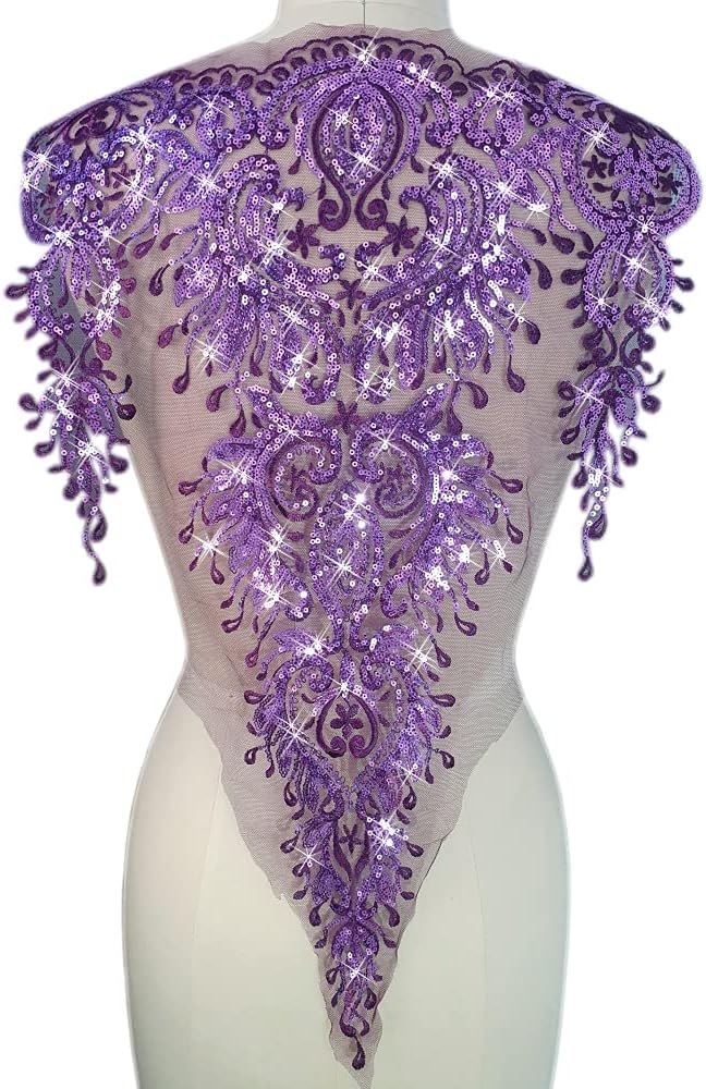 succi shan French and African Nigerian Lace Patches Sequins Stylist DIY Fabric Appliques Couture for Couture, Prom Costumesl,Bodice Suits Design (Purple, D-15x24 inch)