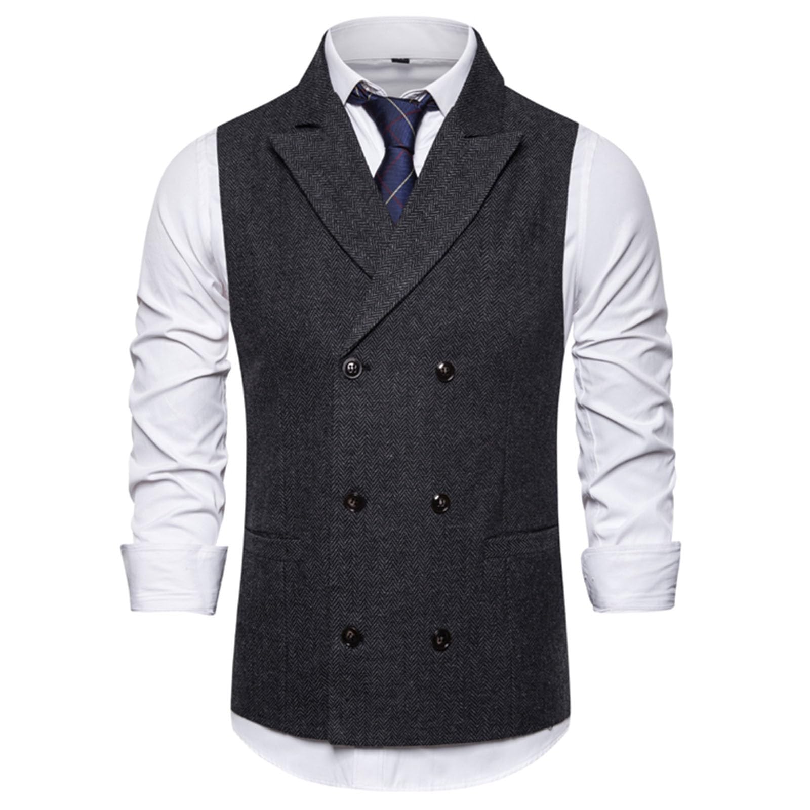 Gilet da uomo in tweed doppiopetto, slim fit, formale, senza maniche, con cinturino posteriore regolabile, design a spina di pesce, gilet in tessuto di alta qualità per occasioni eleganti casual e